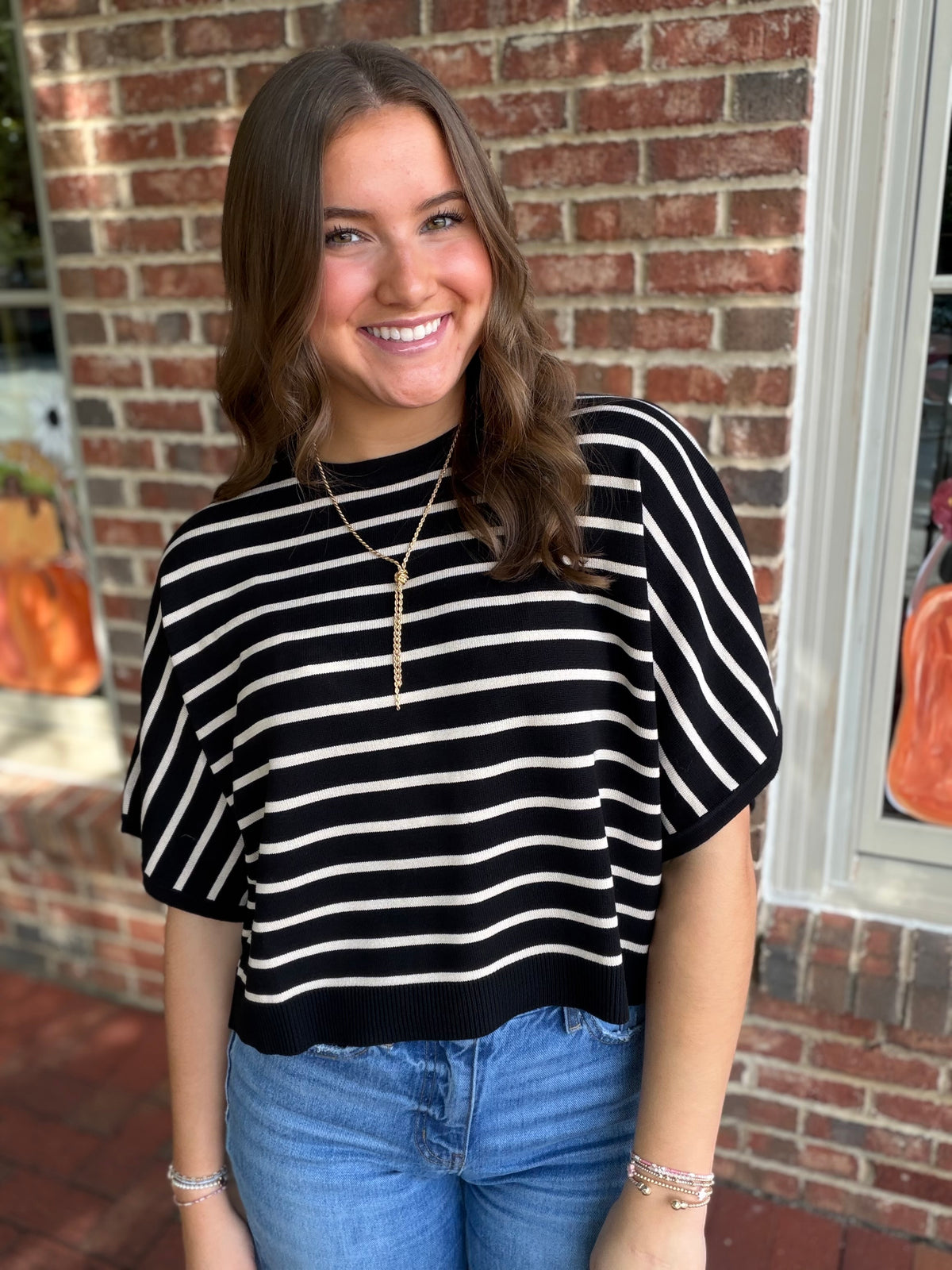 Finley Striped Short Sleeve Sweater - Black
