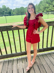 Roll Tide In Crimson Double Layered Ruffle Sleeve Romper