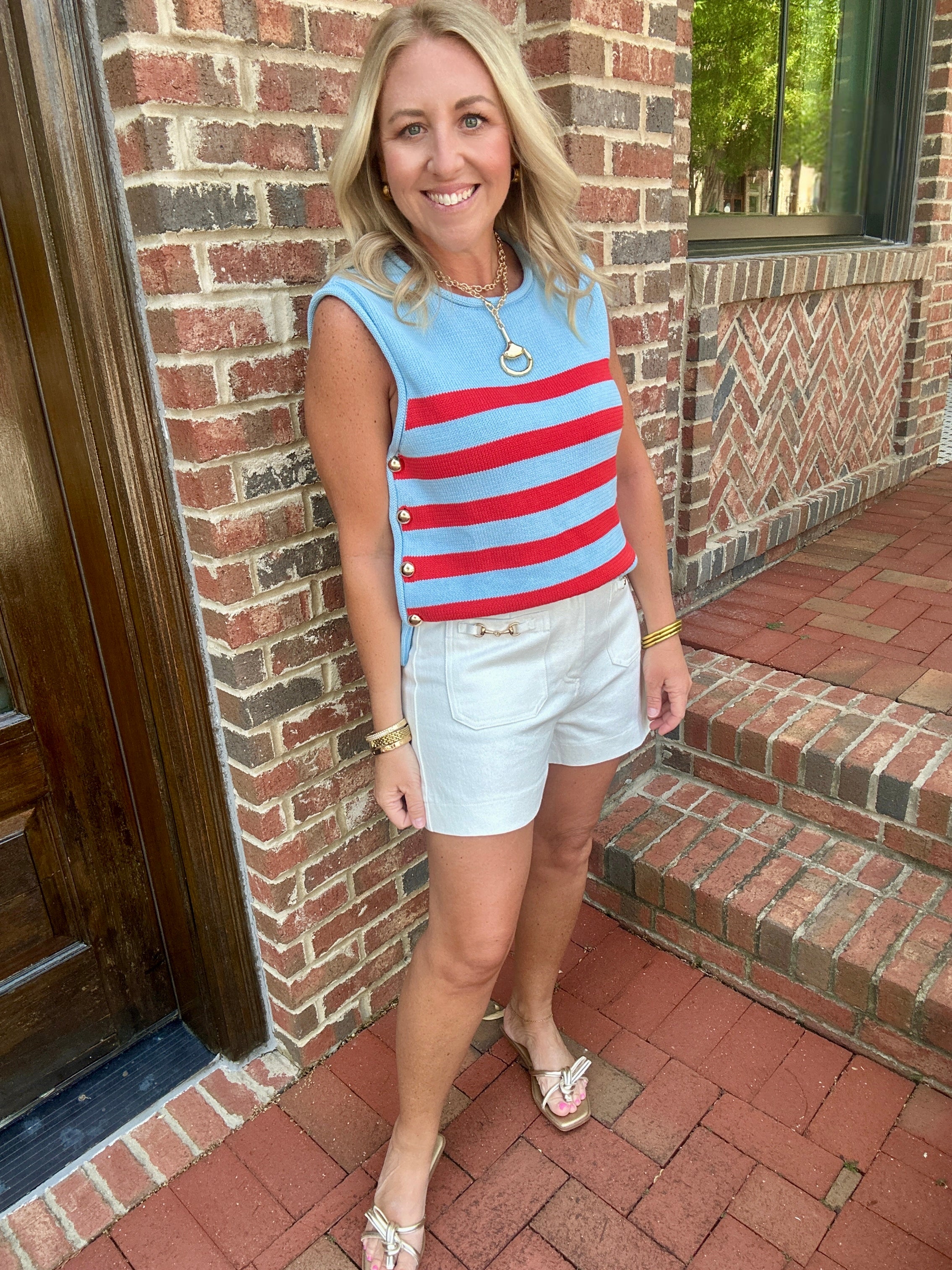 Love For Summer Striped Gold Button Detail Knit Sleeveless Top