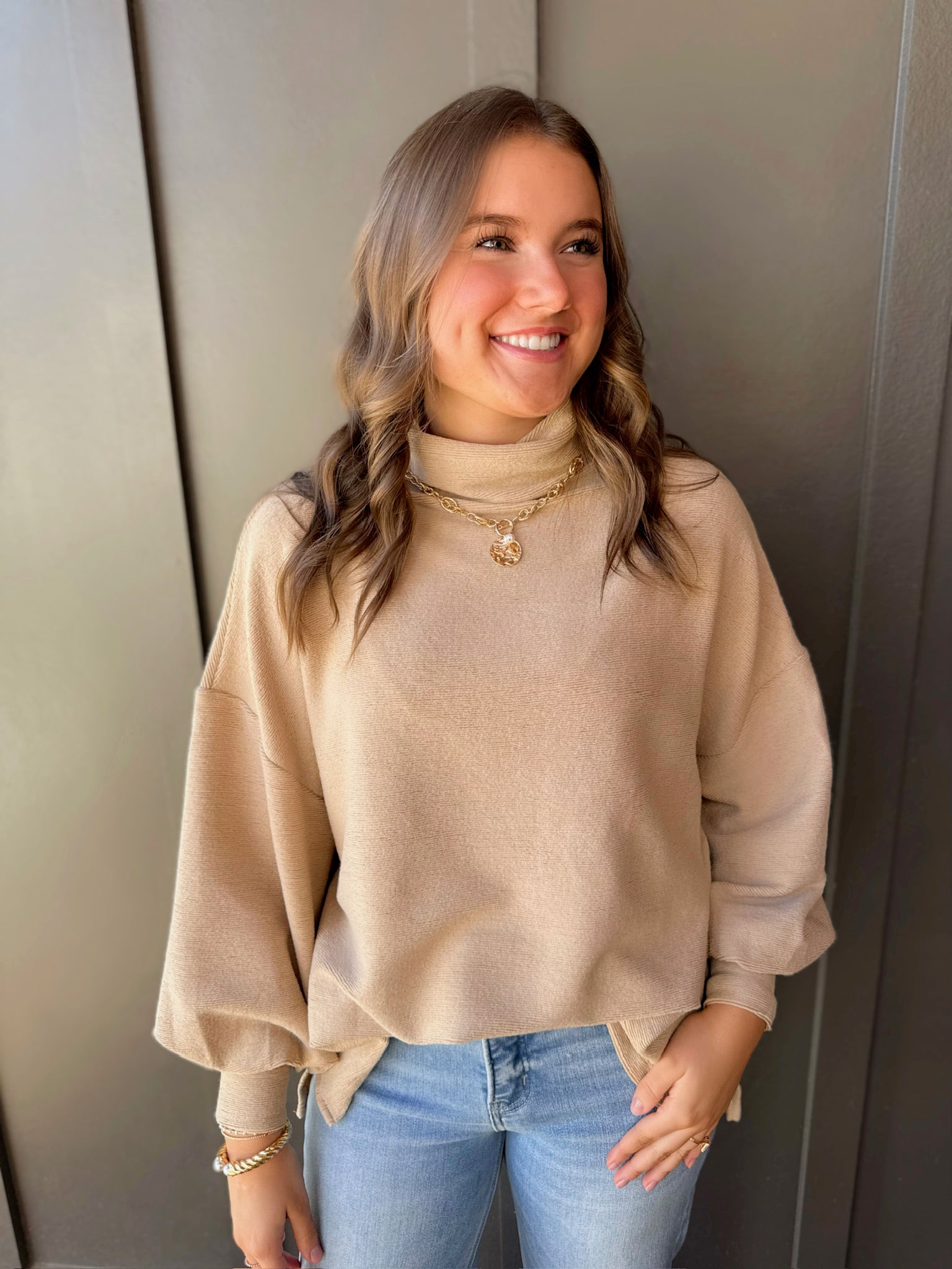 With Loving Hearts Turtleneck Sweater in Taupe