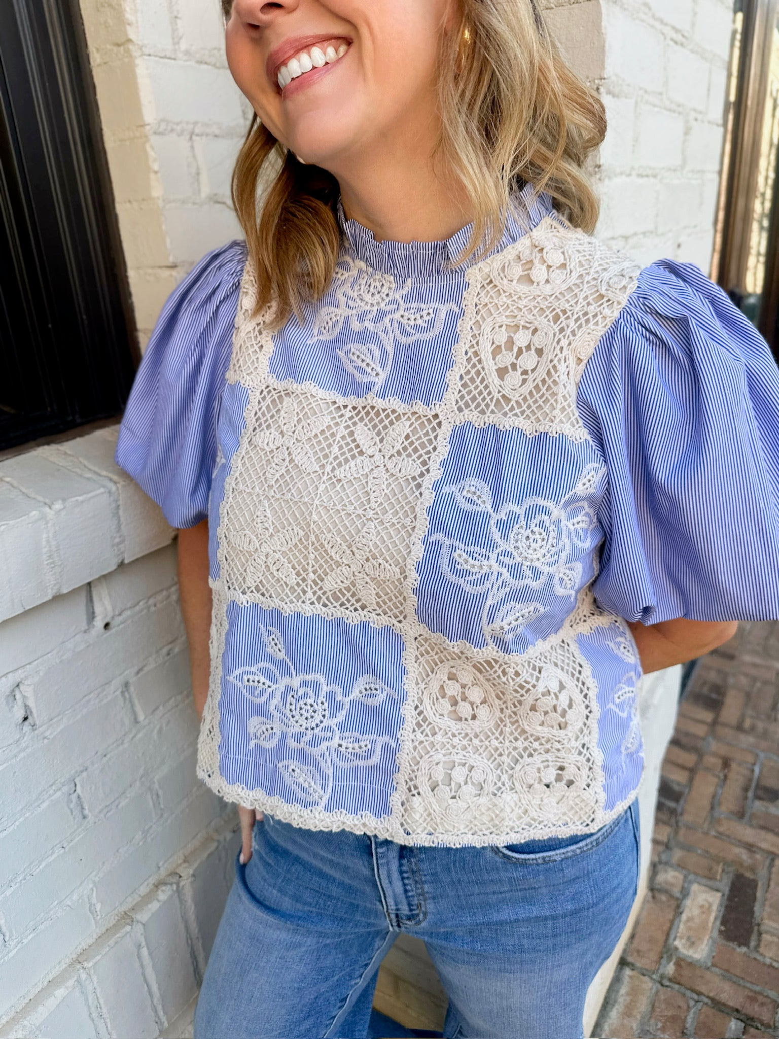 Leave It Up To Me Crochet Patch Detail Blue Striped Puff Sleeve Top