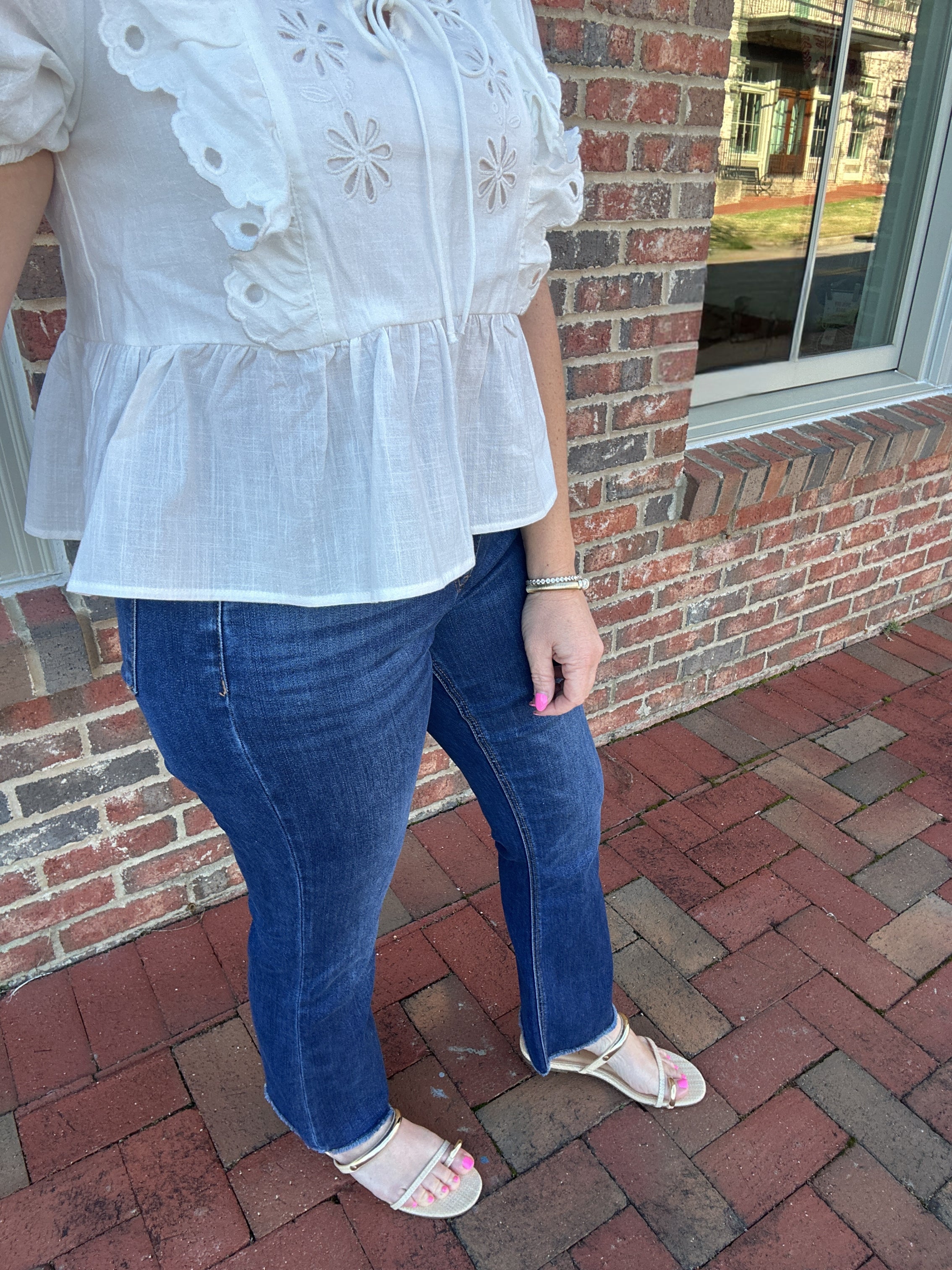 Privilege Mid Rise Raw Hem Kick Flare Jeans