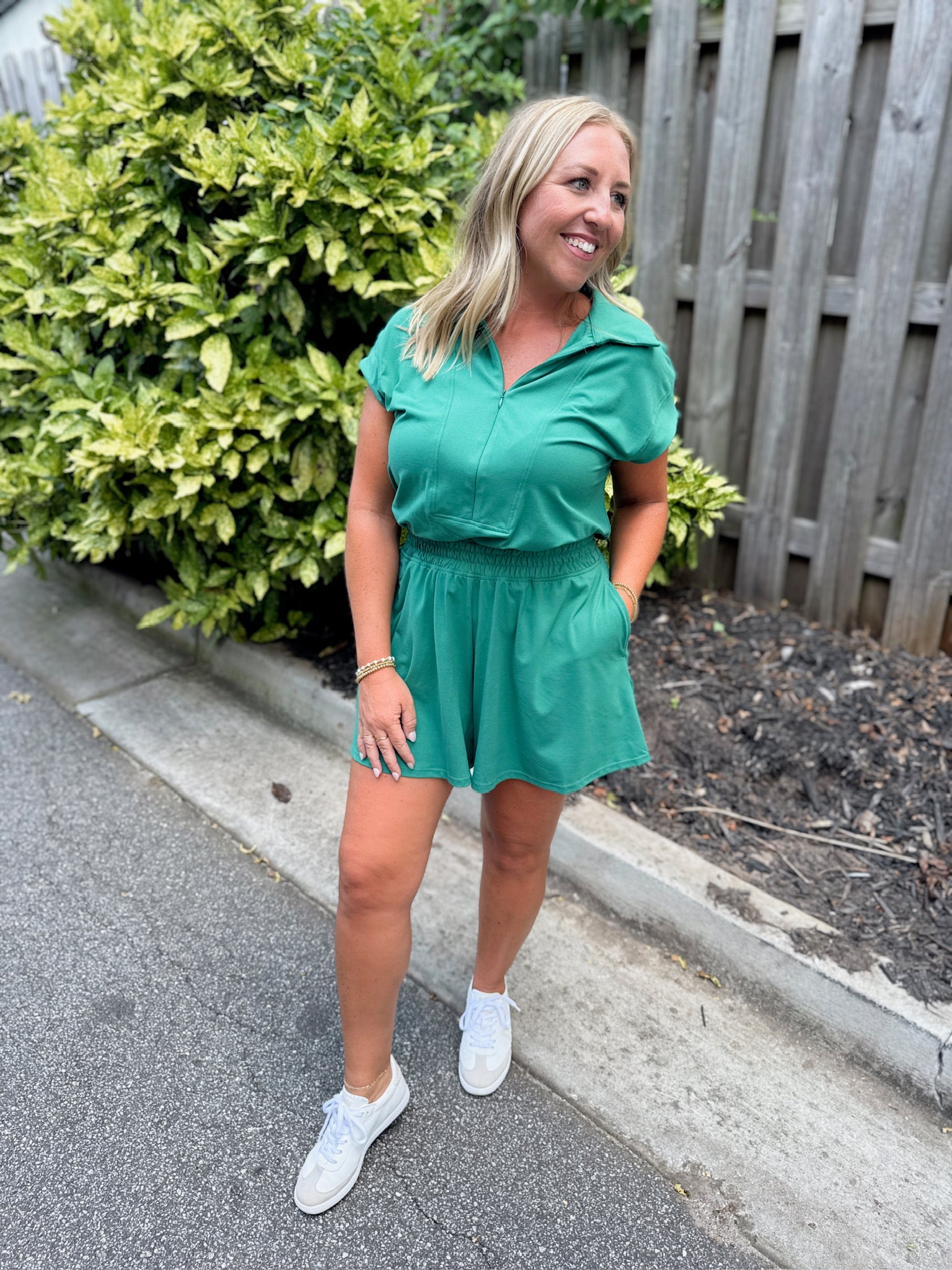 Talked About It Butter Soft Collar Romper in Kelly Green
