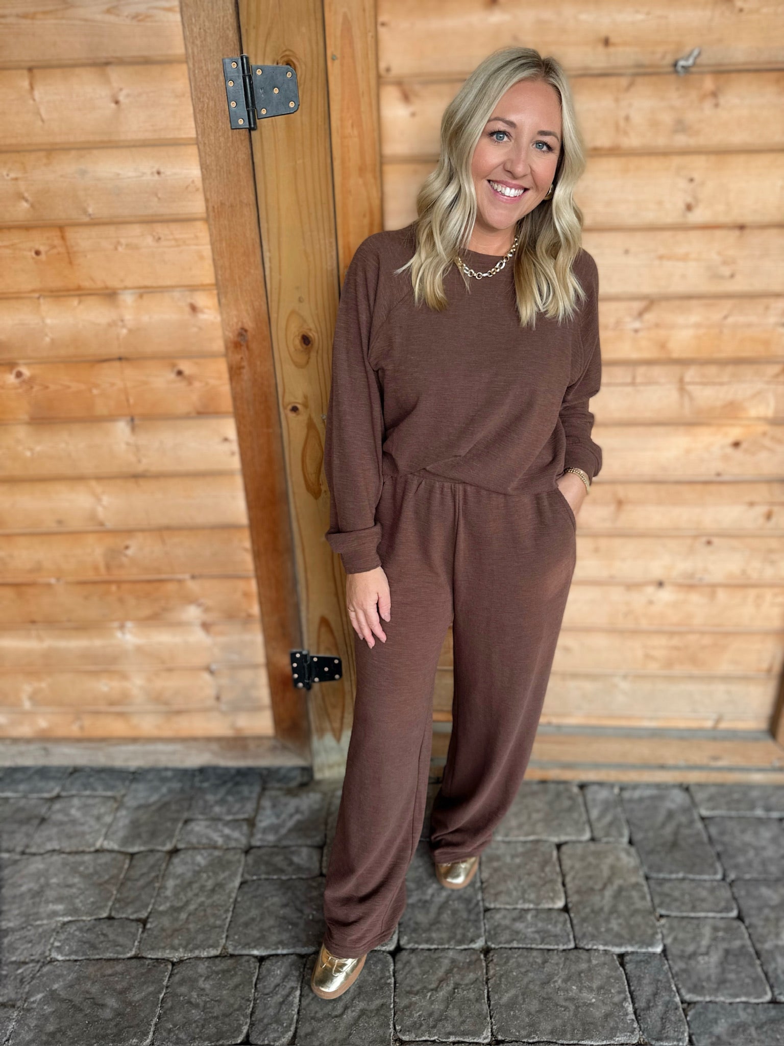Mayra Casual Long Sleeve with Wide Leg Pant Set in Brown