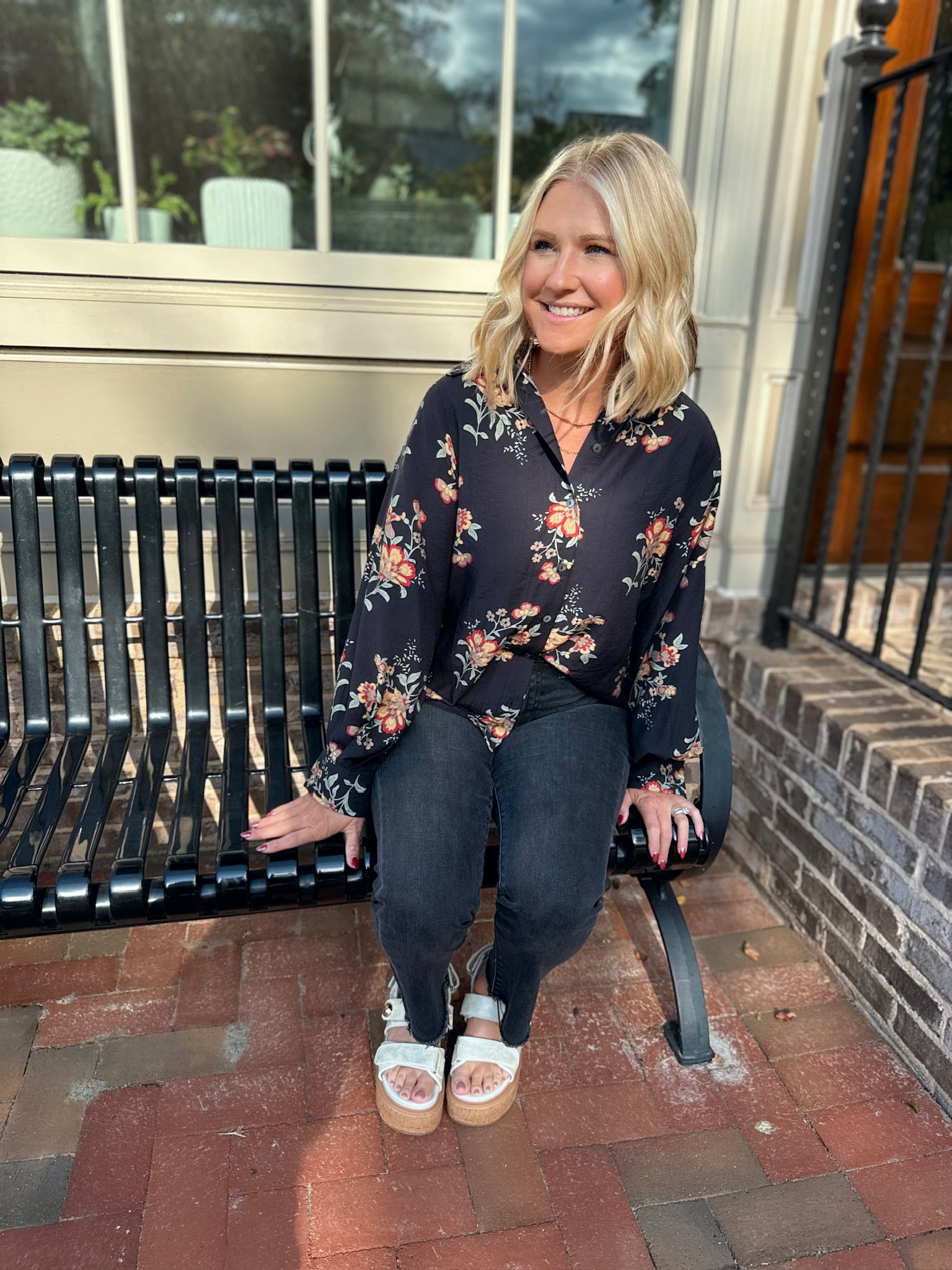 Maria Floral Collar Button Down Long Sleeve Top