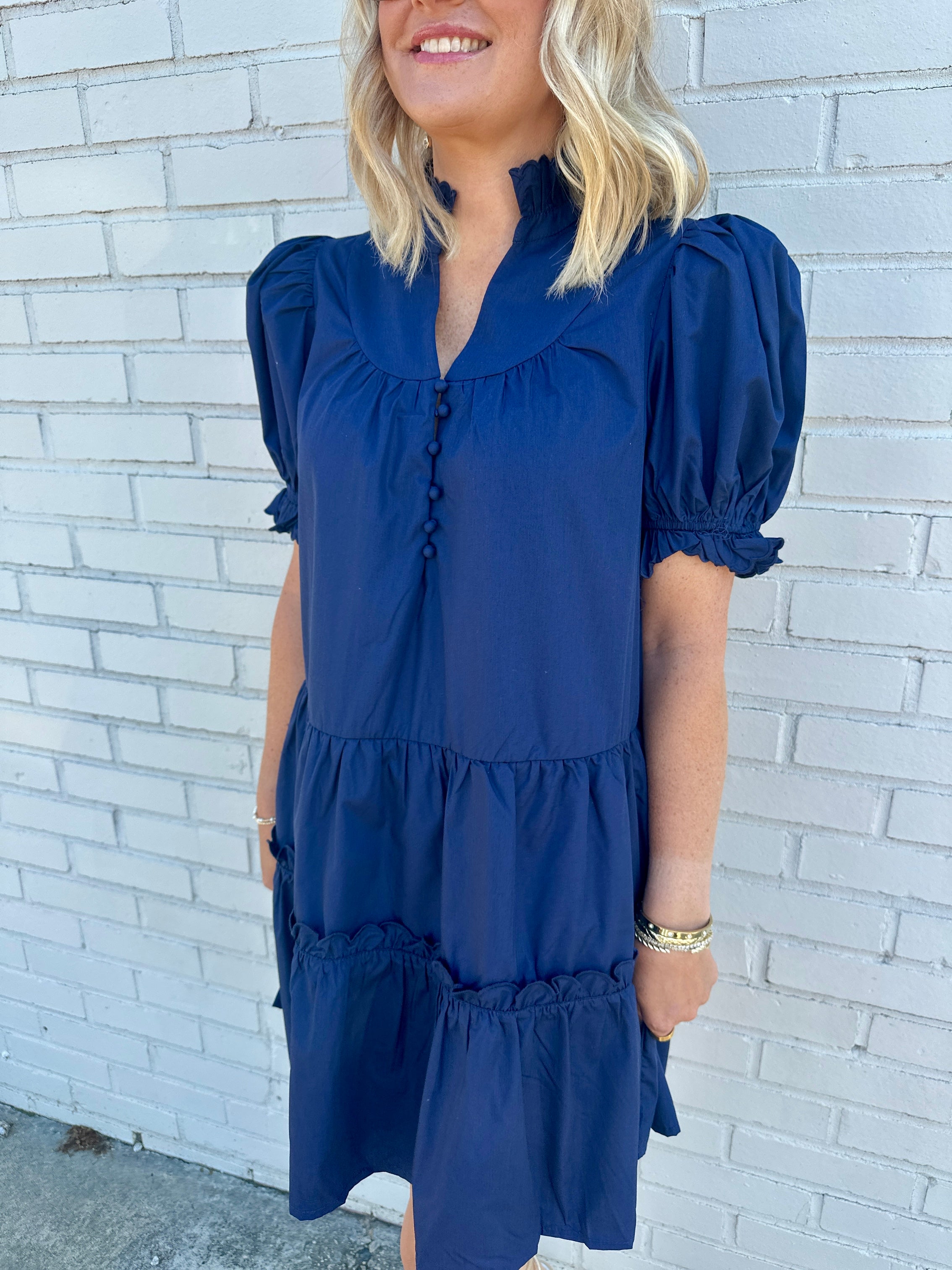 Olivia Puff Sleeve Ruffle Detail Mini Dress in Navy