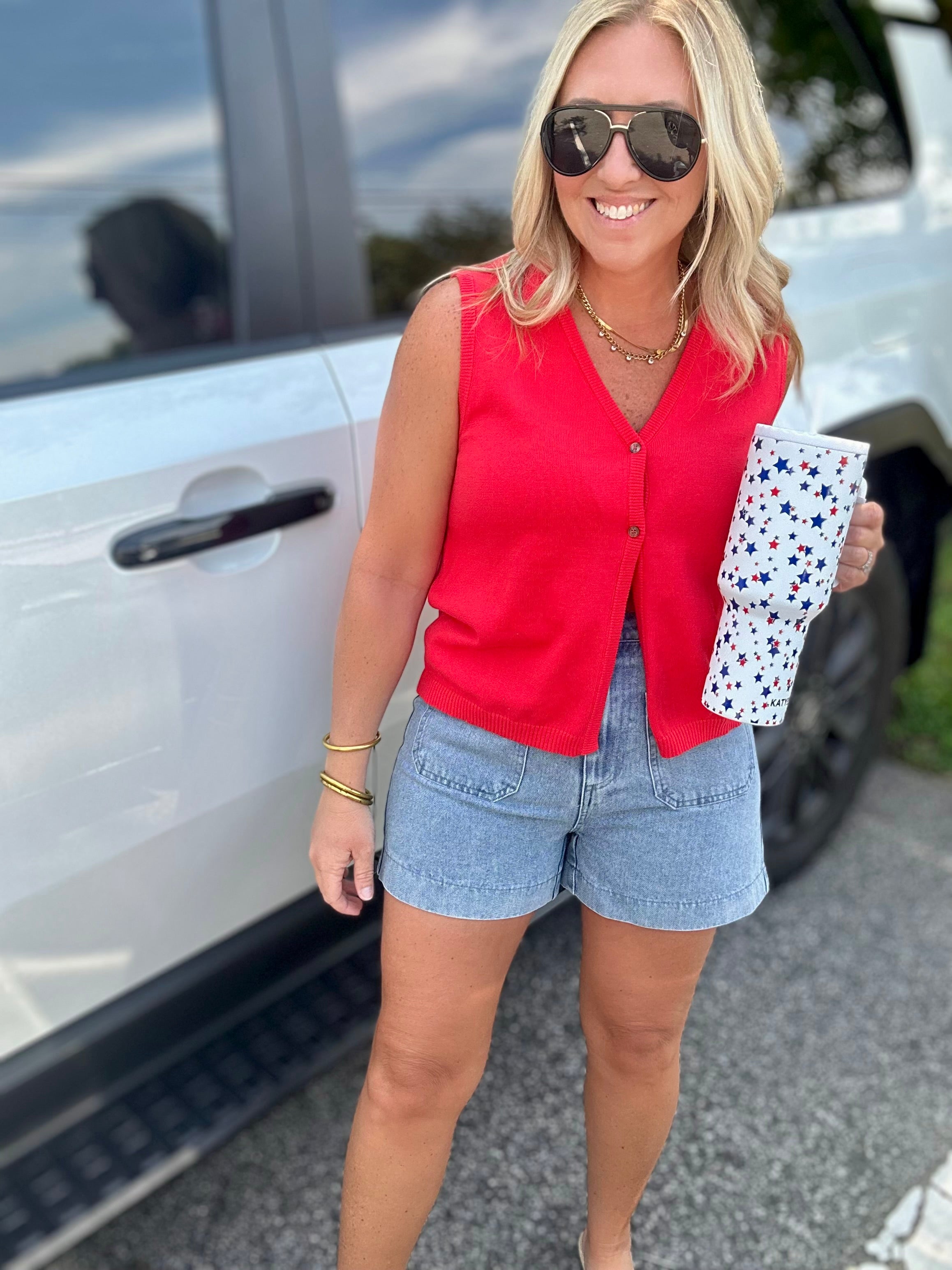 Take A Chance V Neck Button Down Knit Sleeveless Top