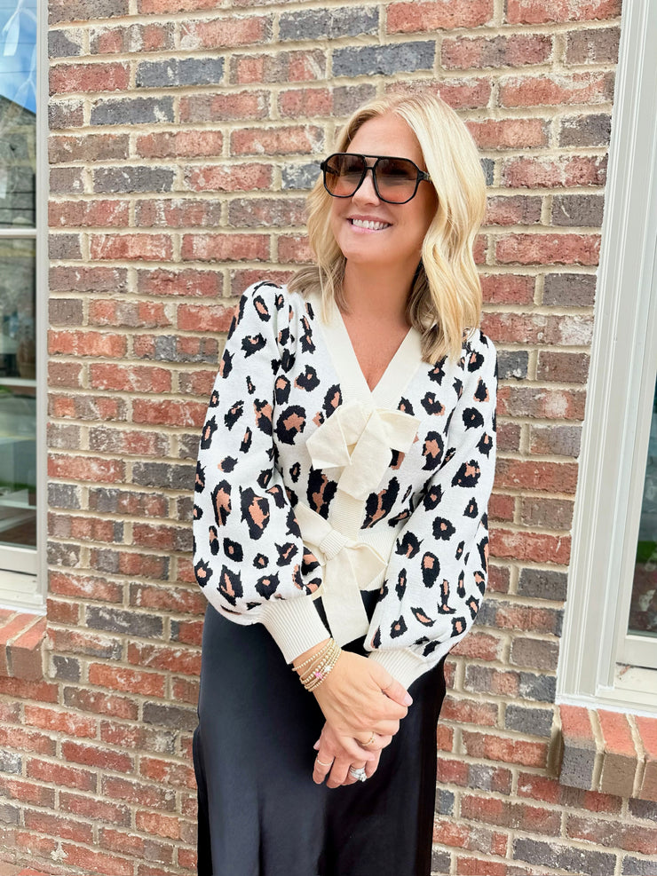 Love Too Hard Leopard Cardigan Sweater with Bows- Cream