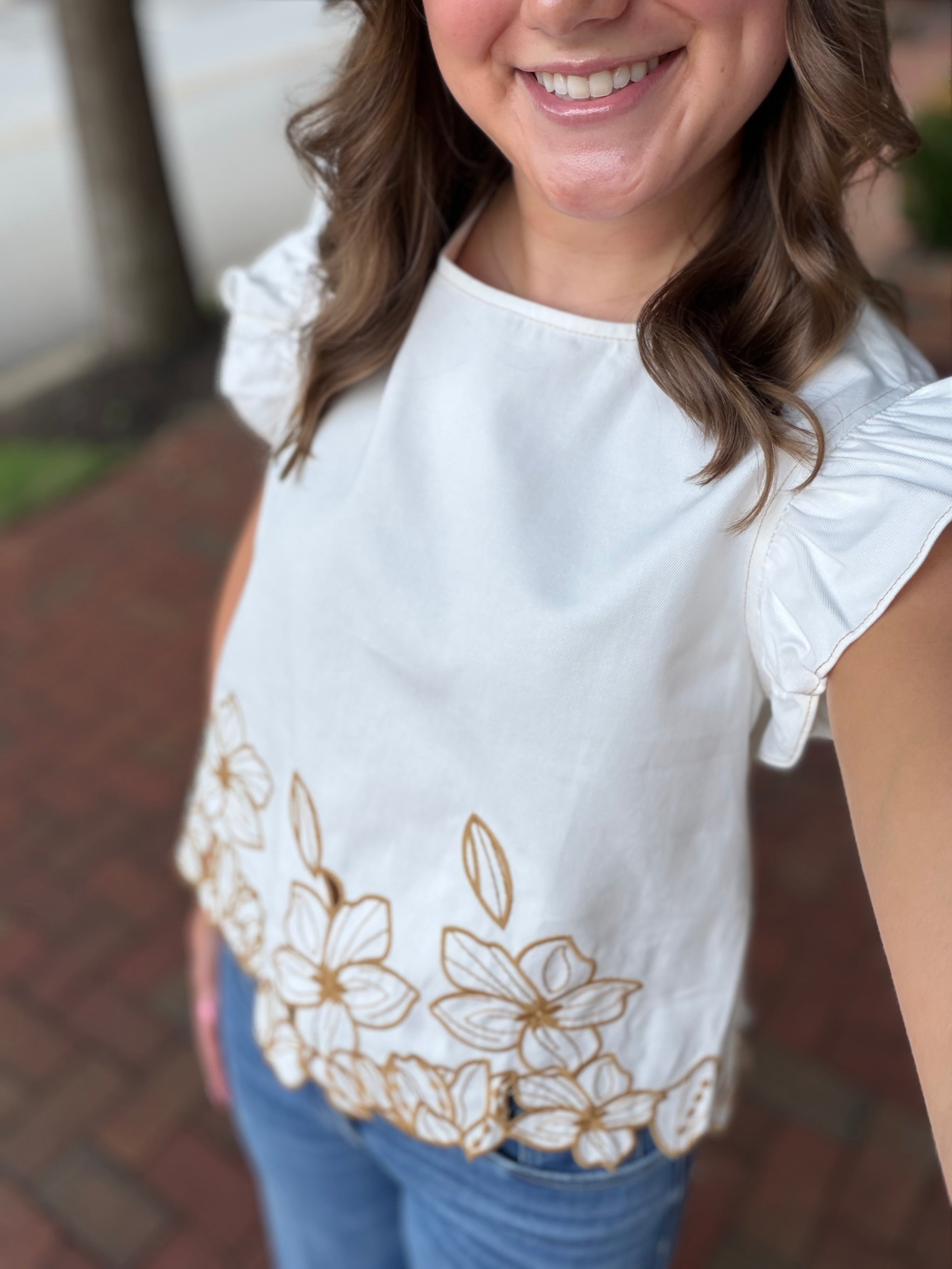 Saw You in Florals Cut-Out Embroidery Twill Ruffle Top