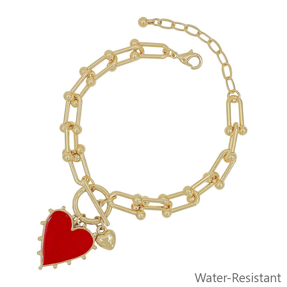 Gold Chain with Red Studded Heart Charm Bracelet