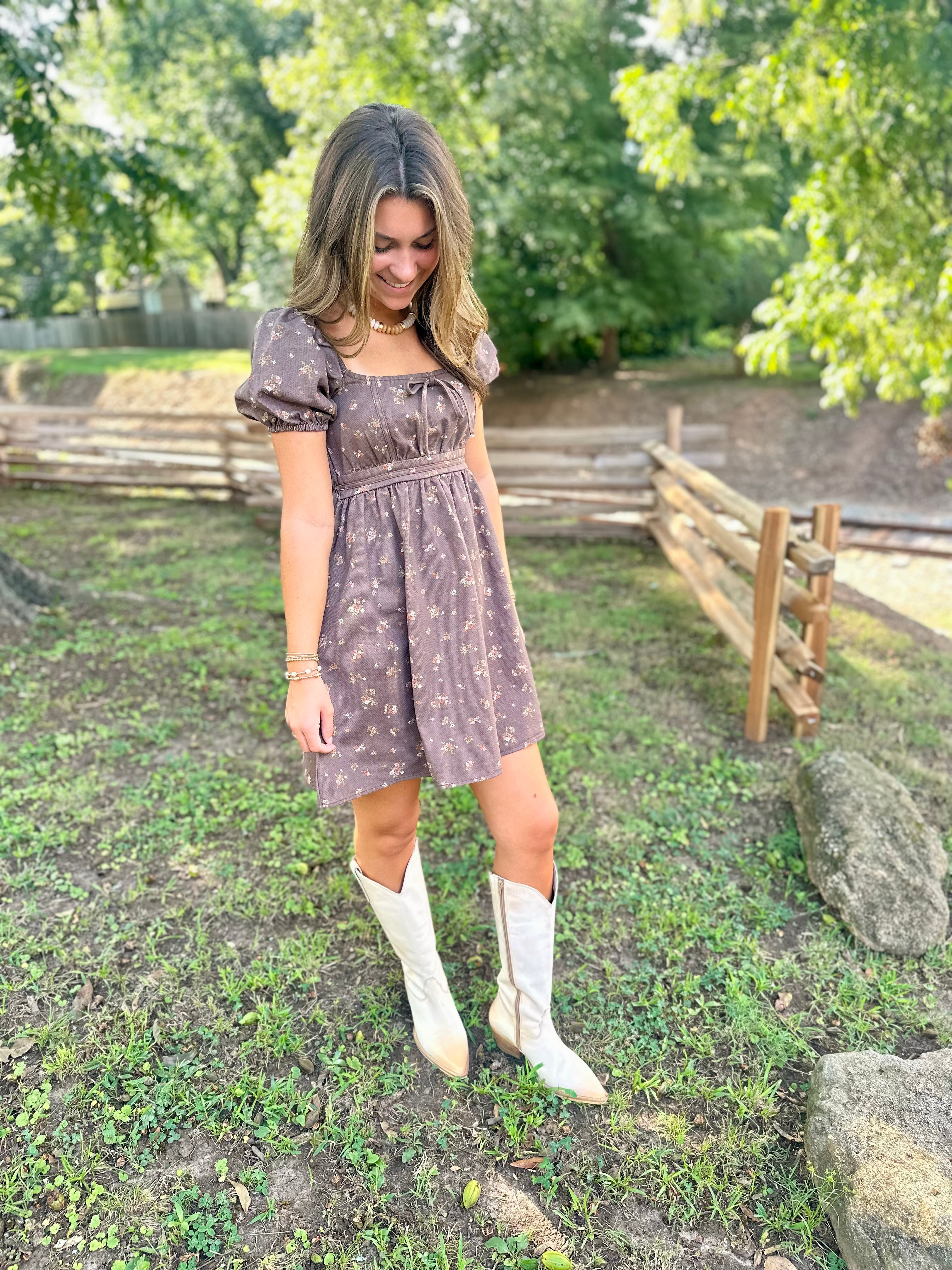 Talking Fall Ditsy Floral Print Mini Dress In Brown