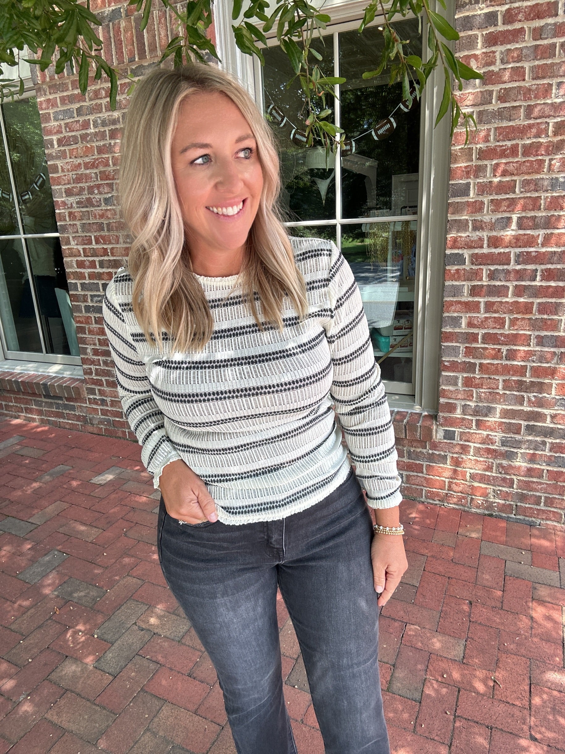 Calling for More Striped Lace Long Sleeve Top