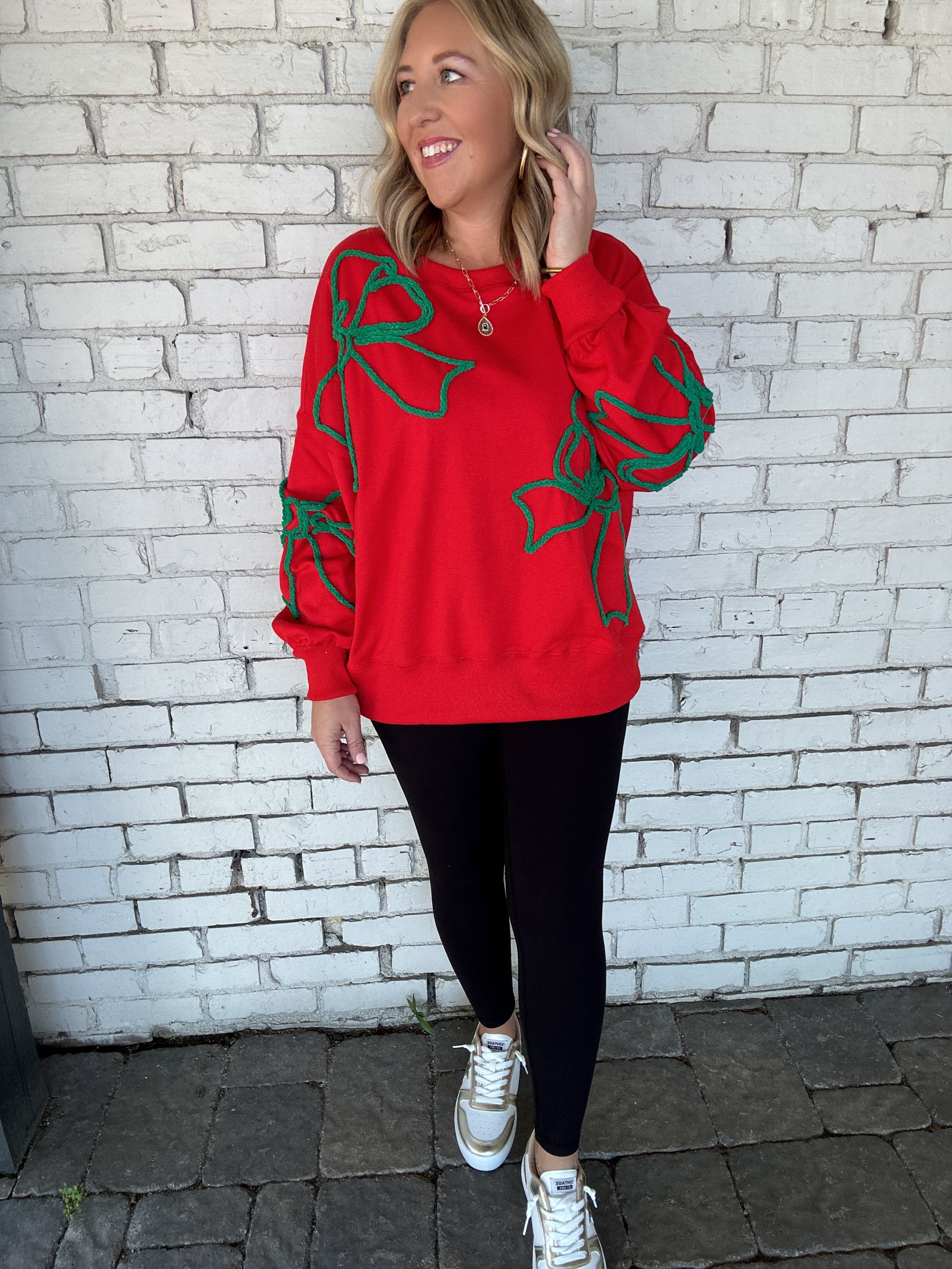 Noel Christmas Embroidered Thread Bows Oversized Sweatshirt-Red/Green