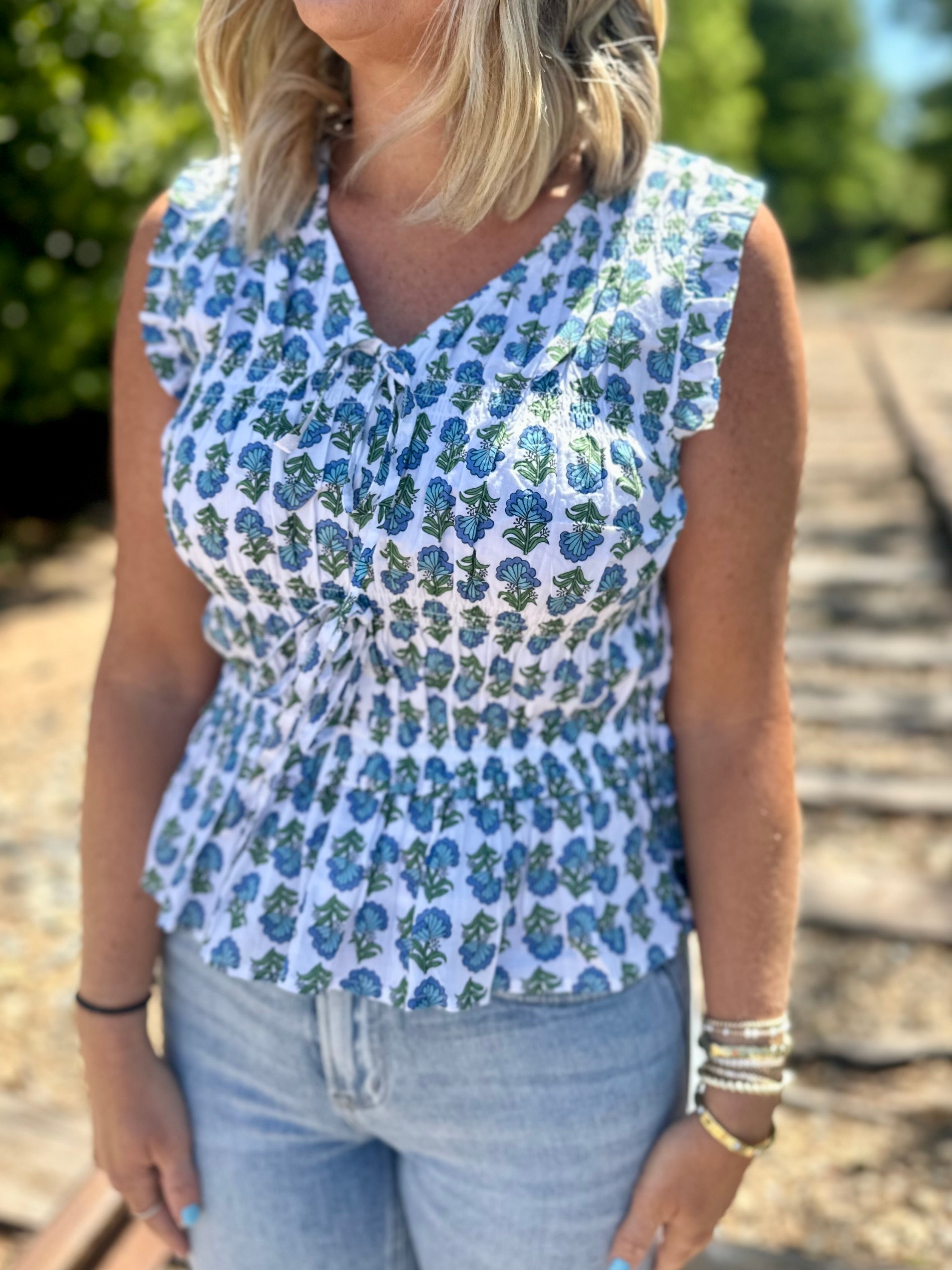 Skip All The Talking Floral Print Smocked Sleeveless Top