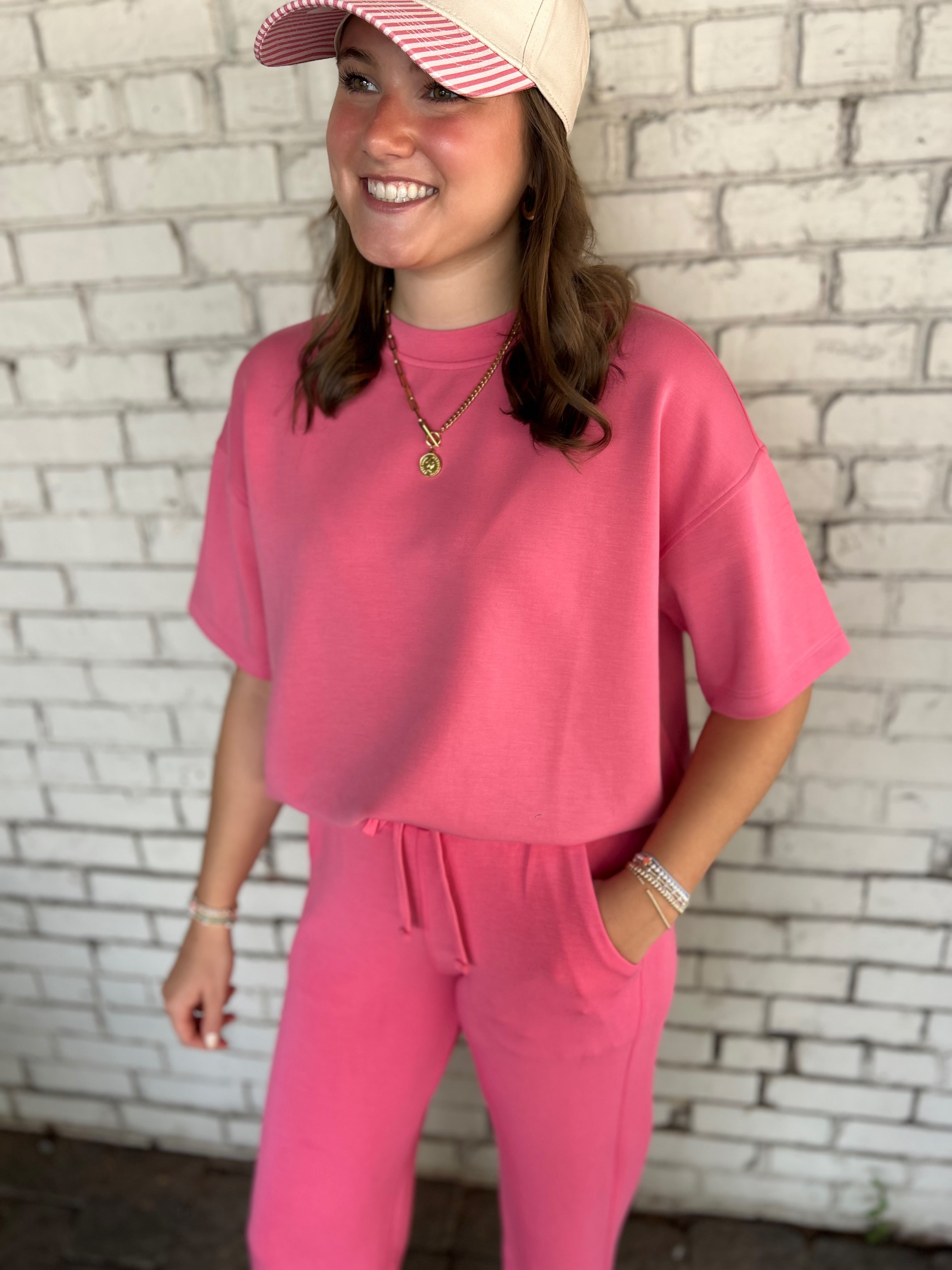 Let It Be Scuba Short Sleeve Top In Bright Pink