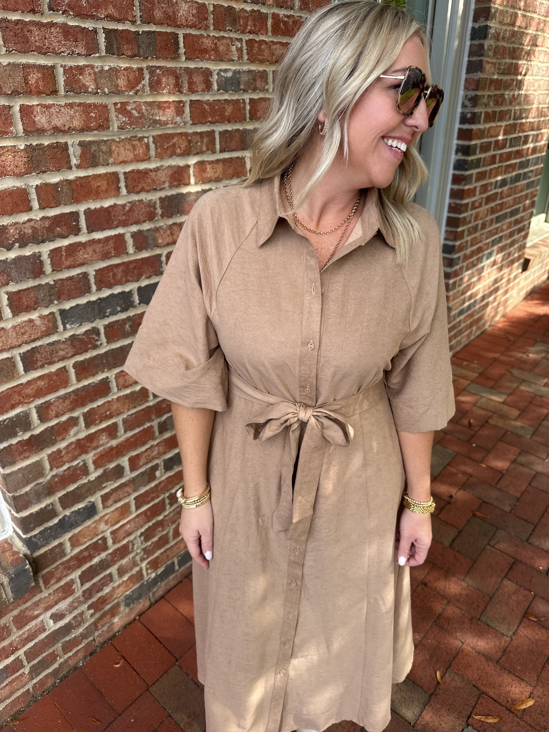 Electric Button Down Tie Waist Dress