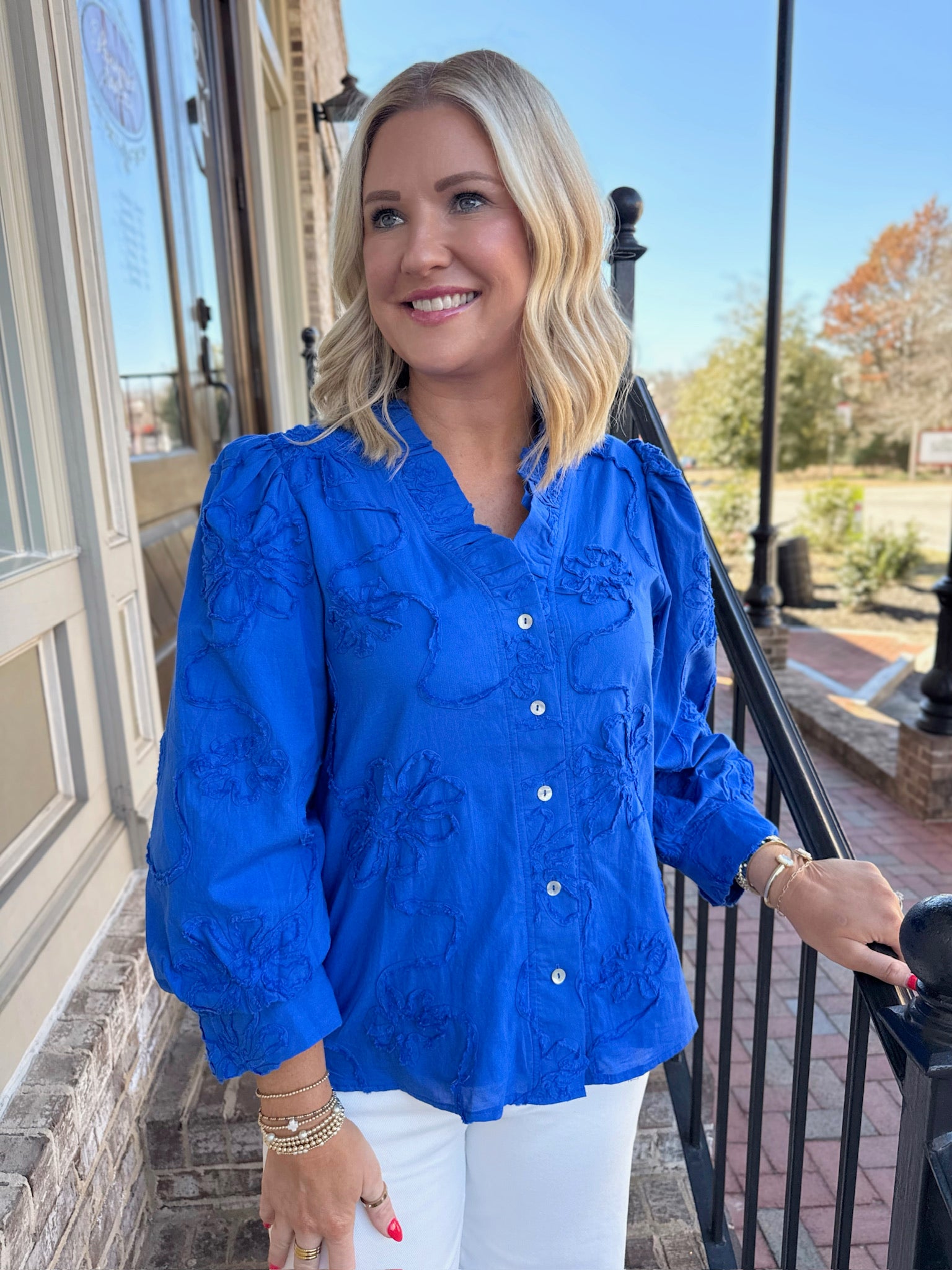 The Water Floral Detail Button Down Quarter Sleeve Top