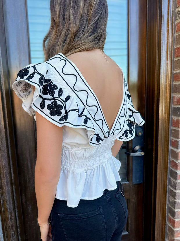 End of the Beginning Ruffled Embroidered Tank Top
