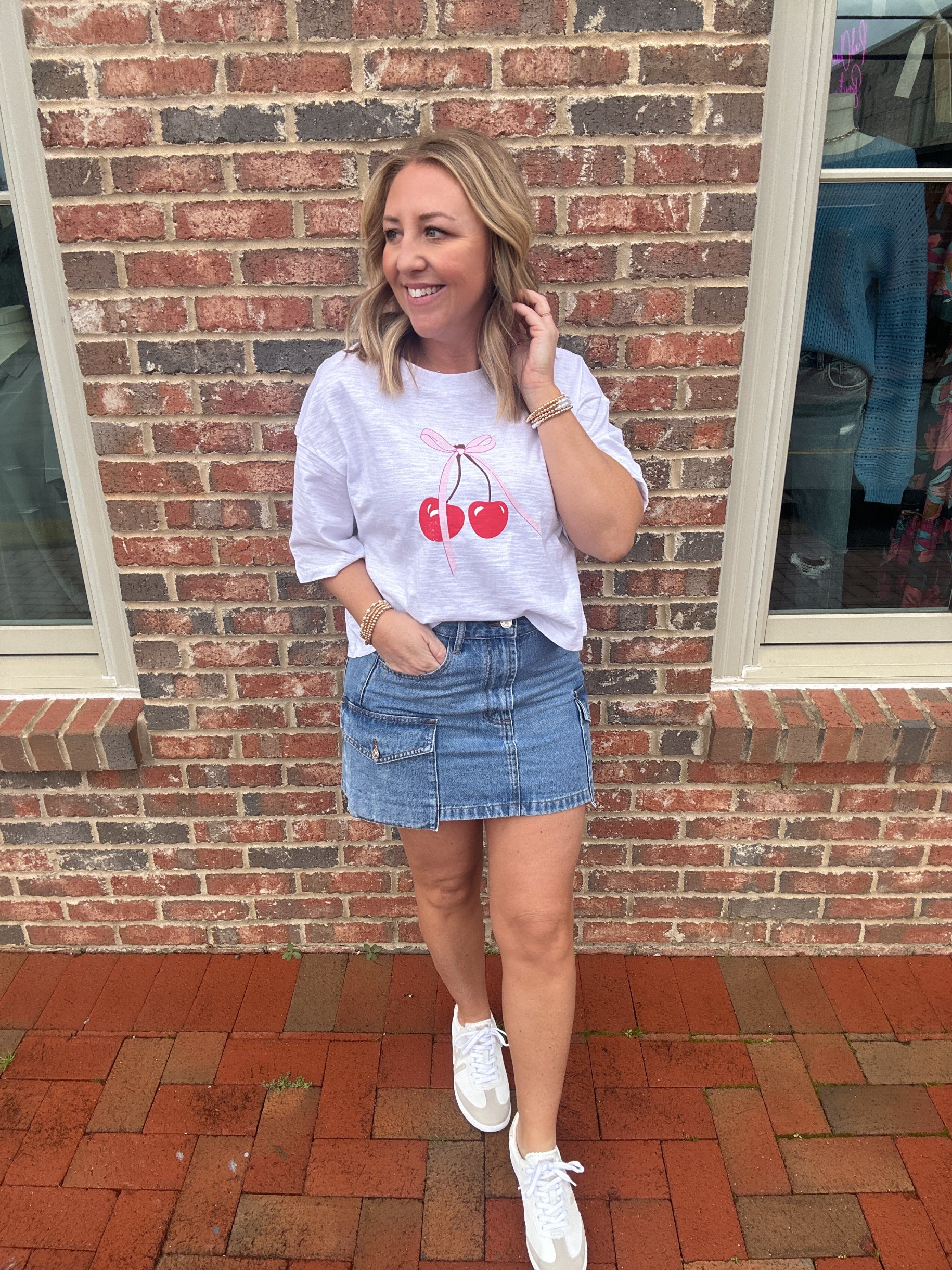 Cherry on Top with Bow Short Sleeve Cropped Top In White