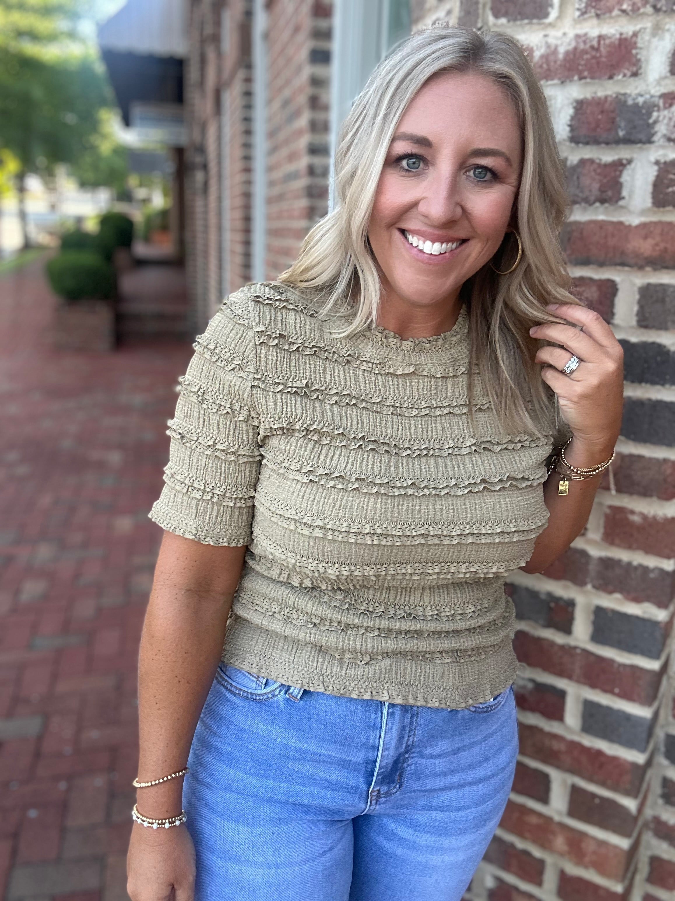 A Little Bit Louder Now Lace Short Sleeve Top in Tan