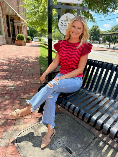 Magnolia Wavy Striped Flutter Sleeve Knit Top-Burgundy Berry