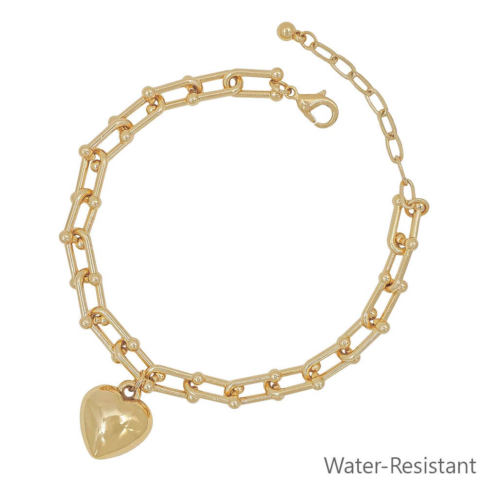 Water Resistant Chain with Puffy Heart Charm 7.5" Bracelet