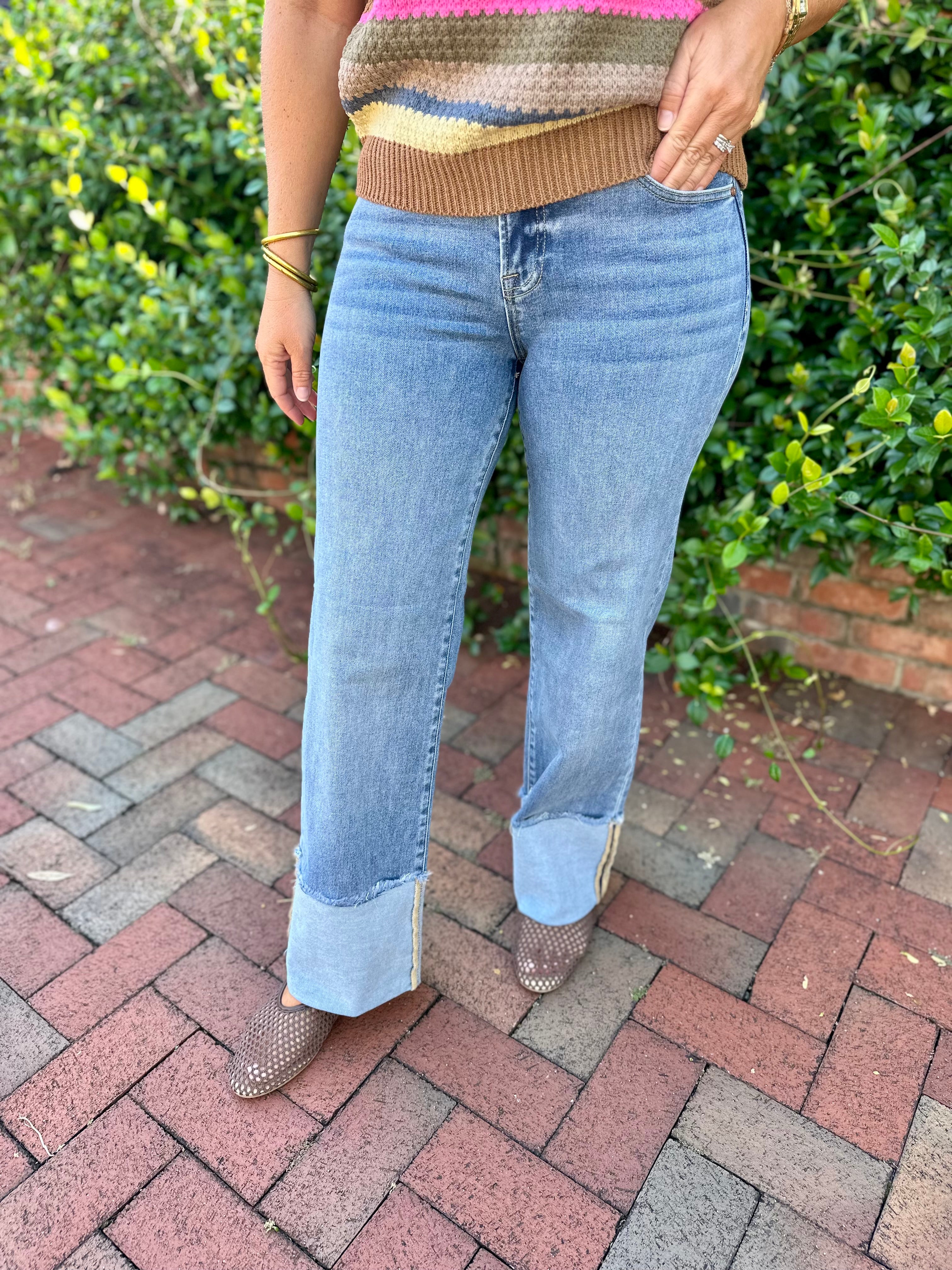 The Maggie Mid Rise Crop Wide Cuffed Jeans