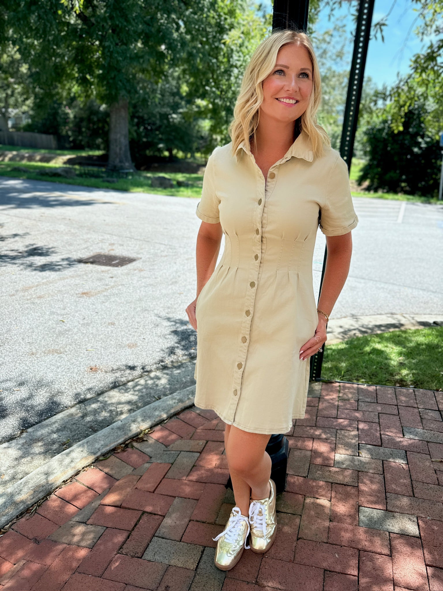 On the Way For Fun Denim Pleated Button Down Dress