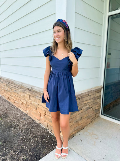 Someone Call Me Baby Ruffle Sleeve Tie Back Mini Dress-Navy