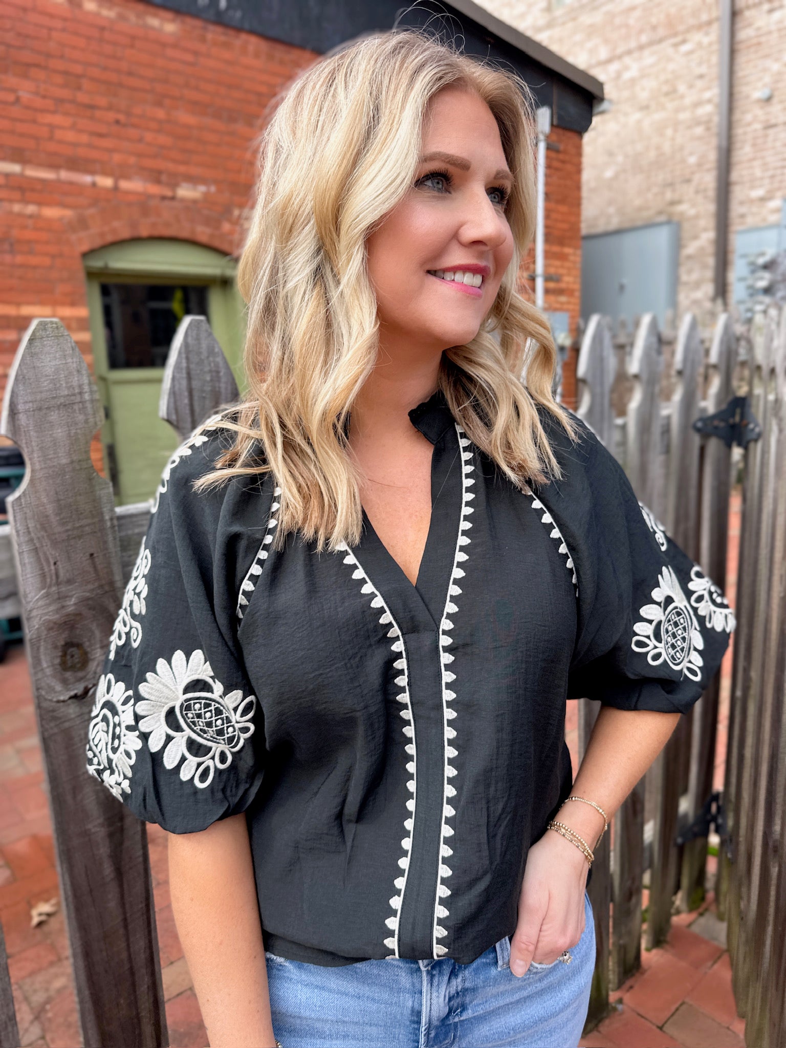 Ready to Play Embroidered Detail Bubble Sleeve Top