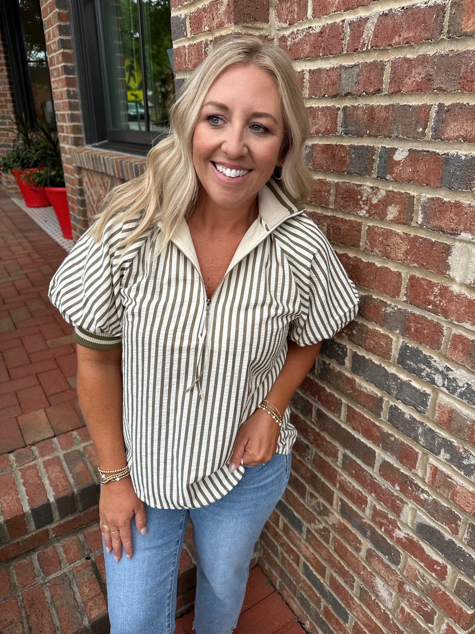 All Along Striped Quarter Zip Bubble Sleeve Top