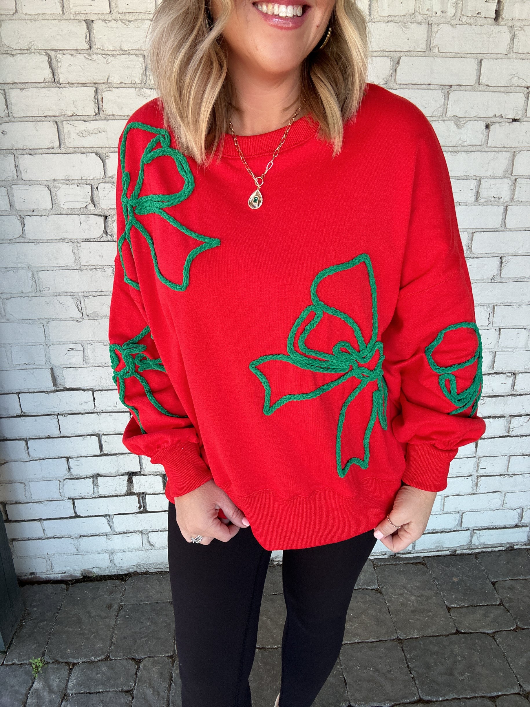 Noel Christmas Embroidered Thread Bows Oversized Sweatshirt-Red/Green