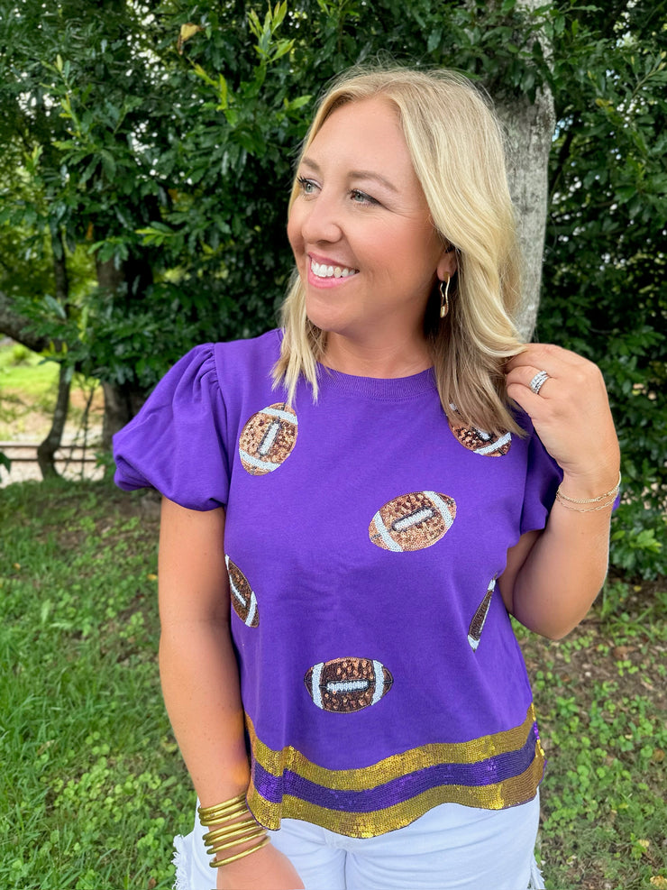 Purple Sequined Football Puff Sleeve Top