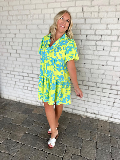 Happy In This Floral Print Collared Tiered Bubble Sleeve Dress-Lime Mix