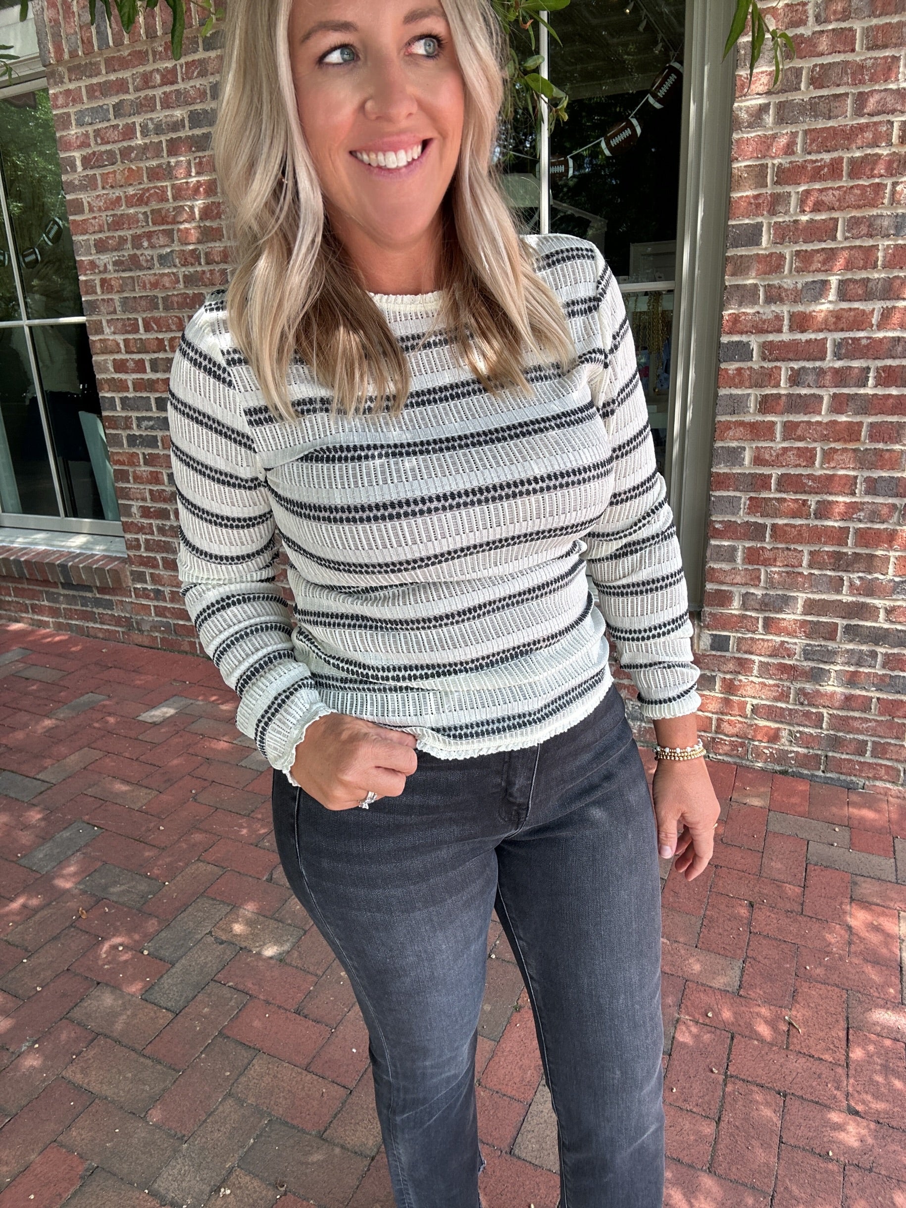 Calling for More Striped Lace Long Sleeve Top
