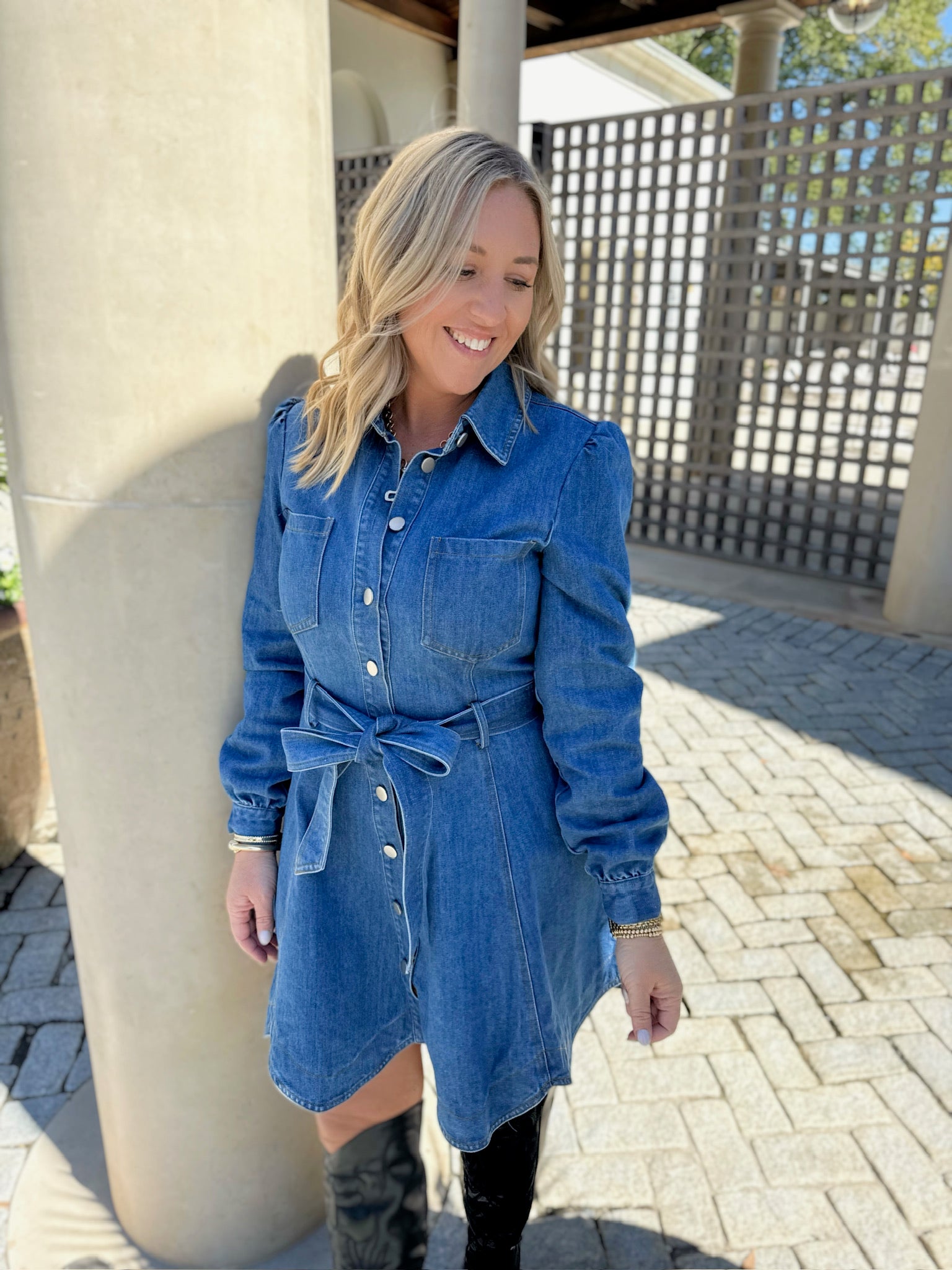 Lonely Nights Long Sleeve Tie Waist Denim Mini Dress
