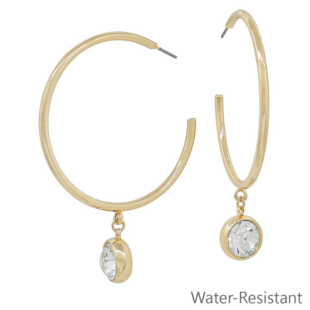 Water Resistant 2" Gold Hoop Earring with Circle Crystal Drop