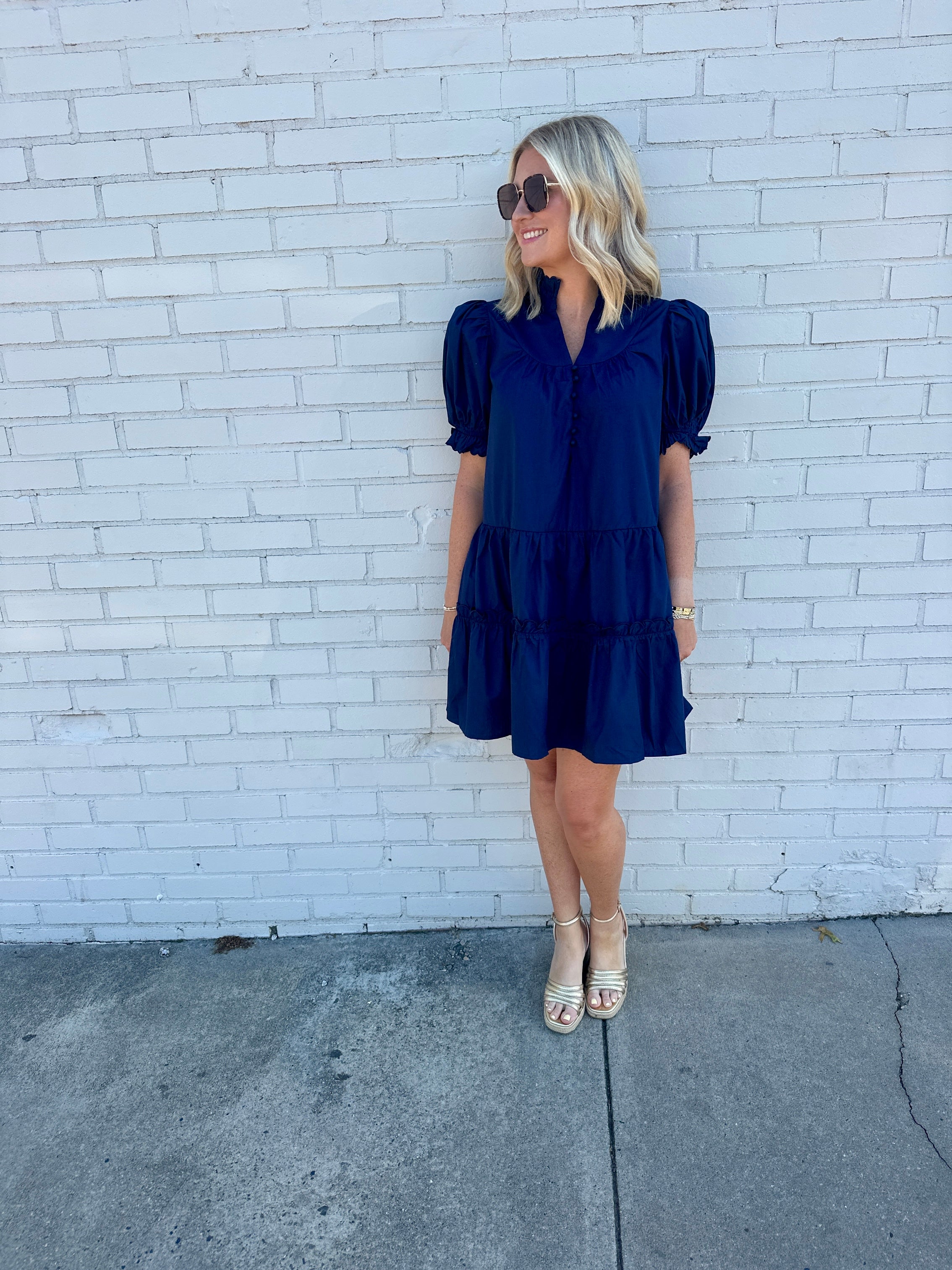 Olivia Puff Sleeve Ruffle Detail Mini Dress in Navy