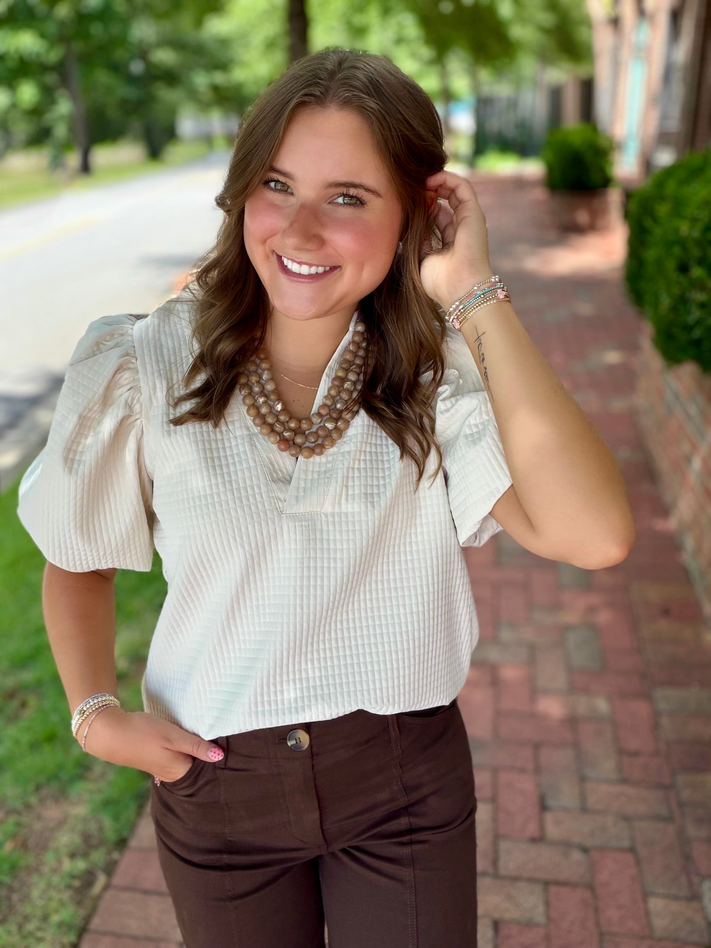 Everyday Romance Textured Bubble Sleeve Blouse in Cream