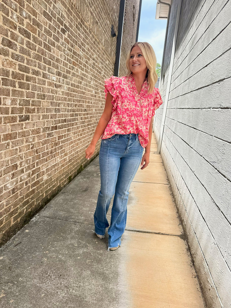 Pink Peacock Floral Ruffle Sleeve V Neck Top