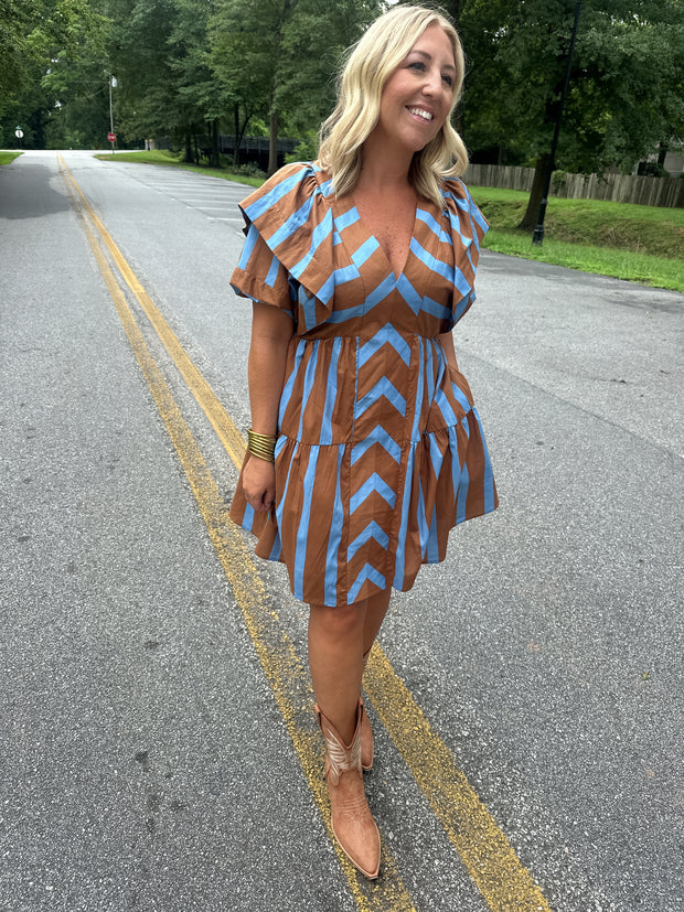 Miley Brown and Blue Stripe Puff Sleeve Dress