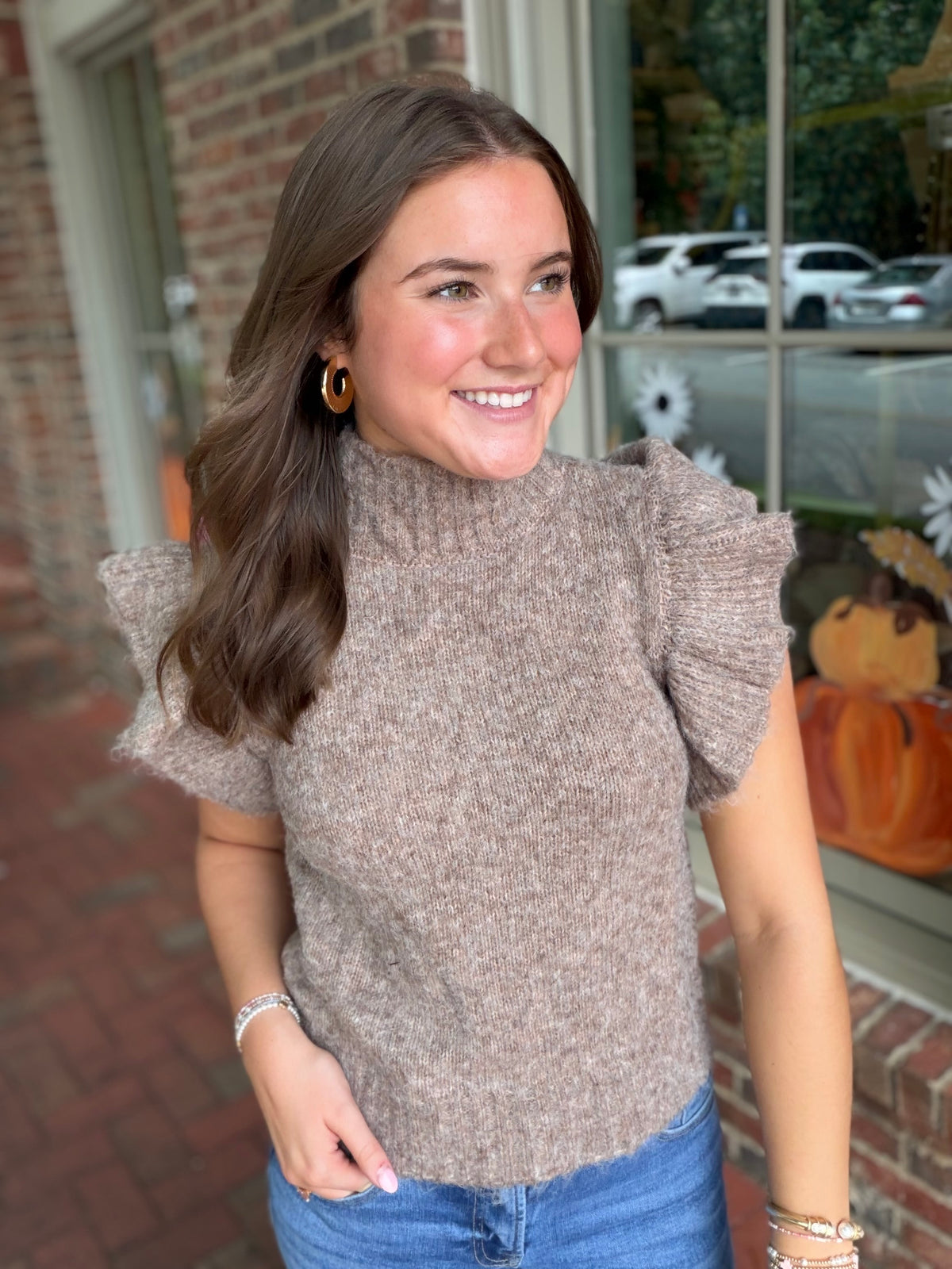 Ruffle Sleeve Mock Neck Ribbed Sweater In Taupe