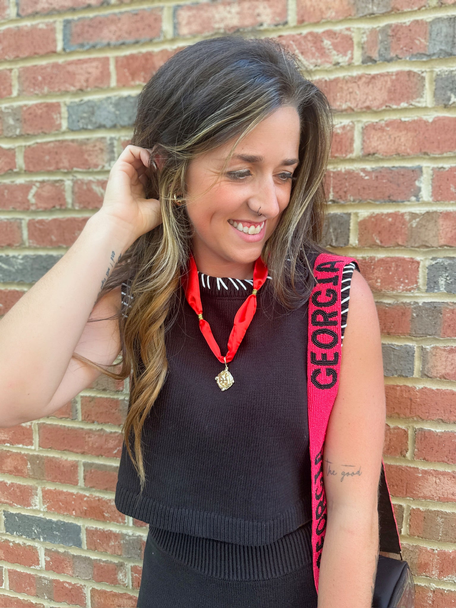All The Way Up Border Cross Stitching Sleeveless Knit Top With Skirt