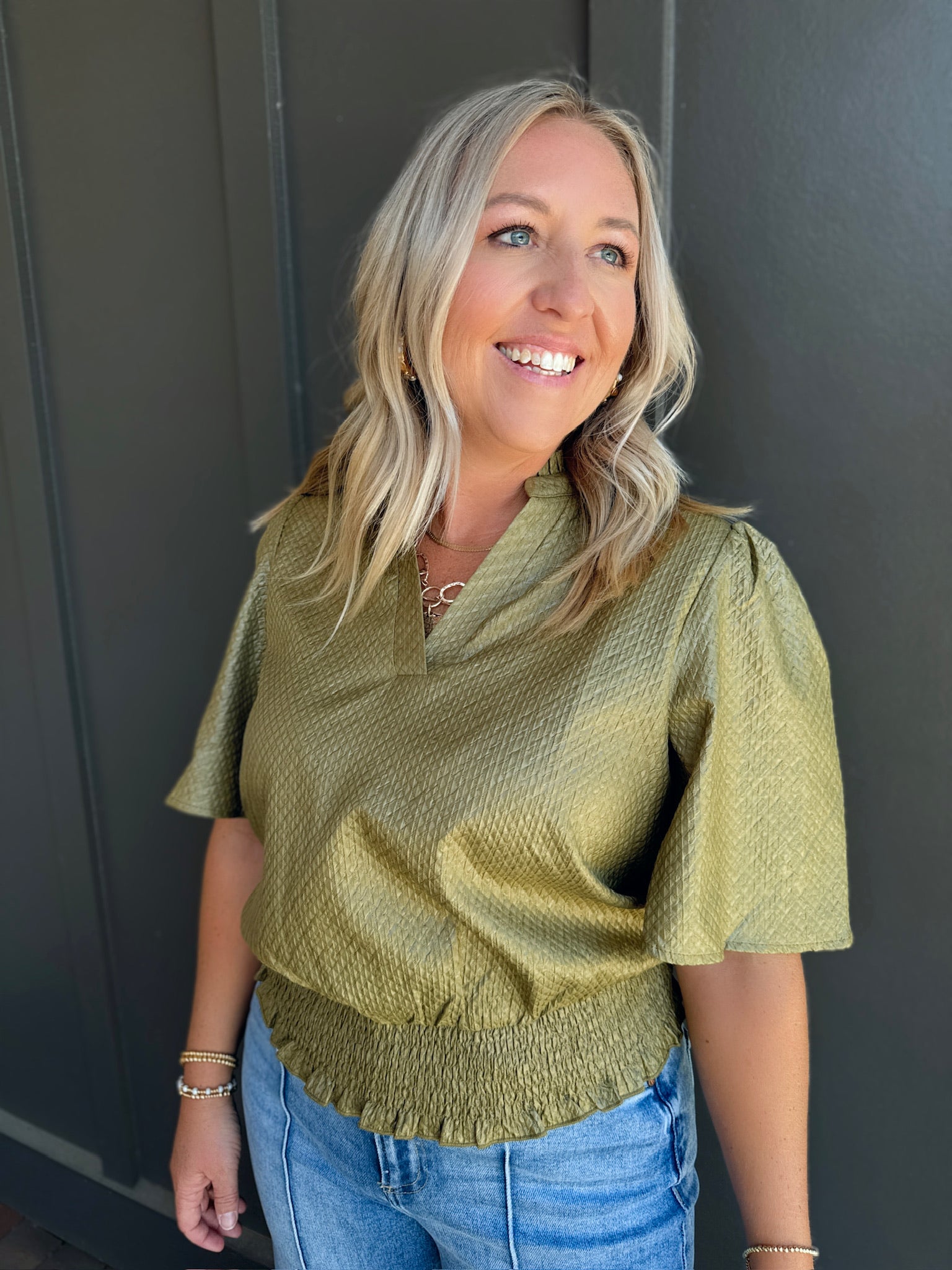 When I'm Gone Smocked Hem Top in Olive