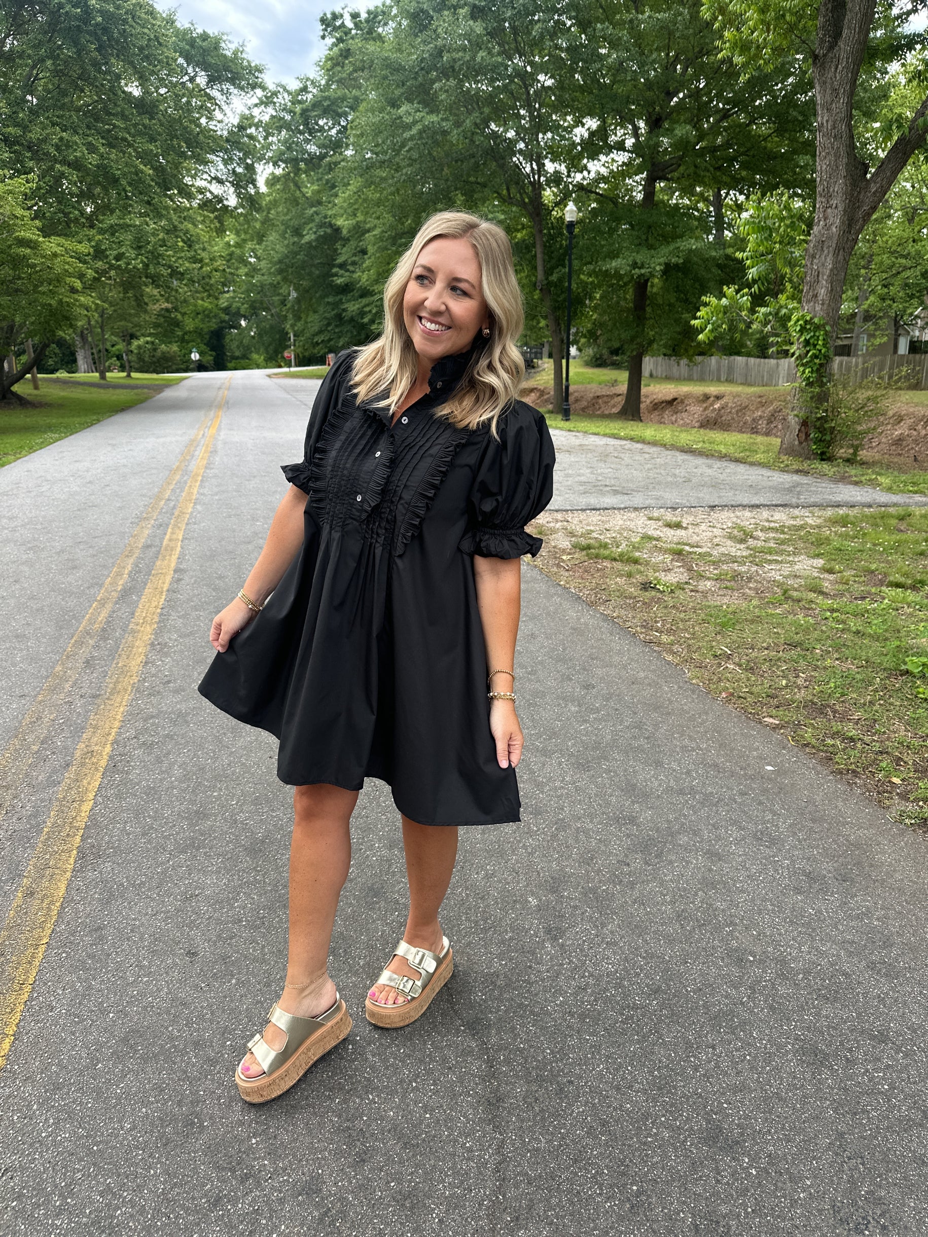 Won't Last Long Ruffle Collar 3/4 Sleeve Dress in Black