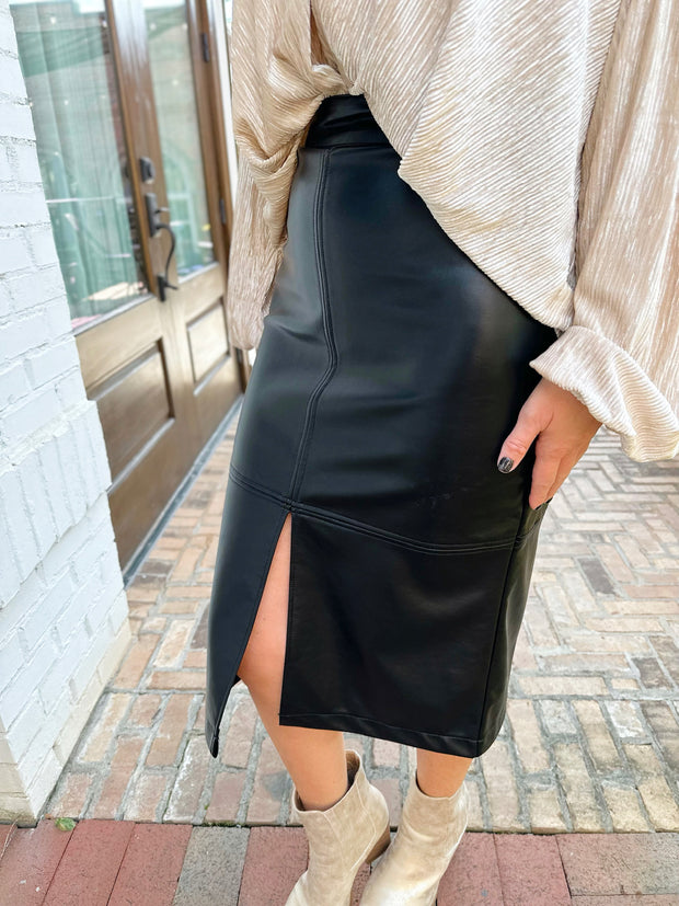 The Holiday Faux Leather Midi Skirt