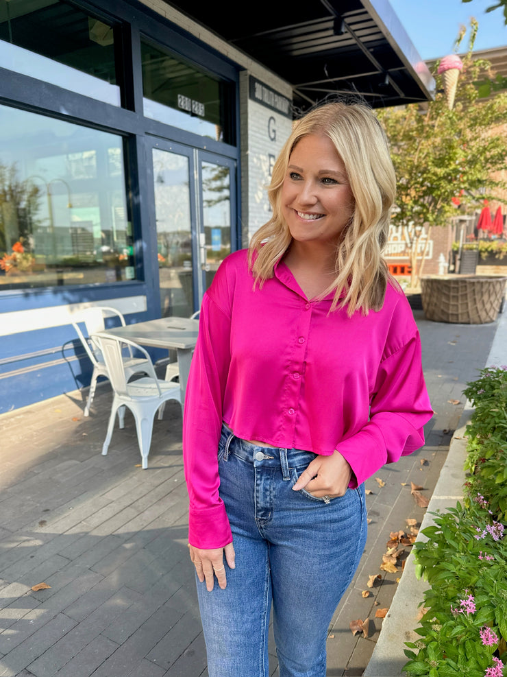 Sweet Like Candy Cropped Button Down Silk Top-Hot Pink