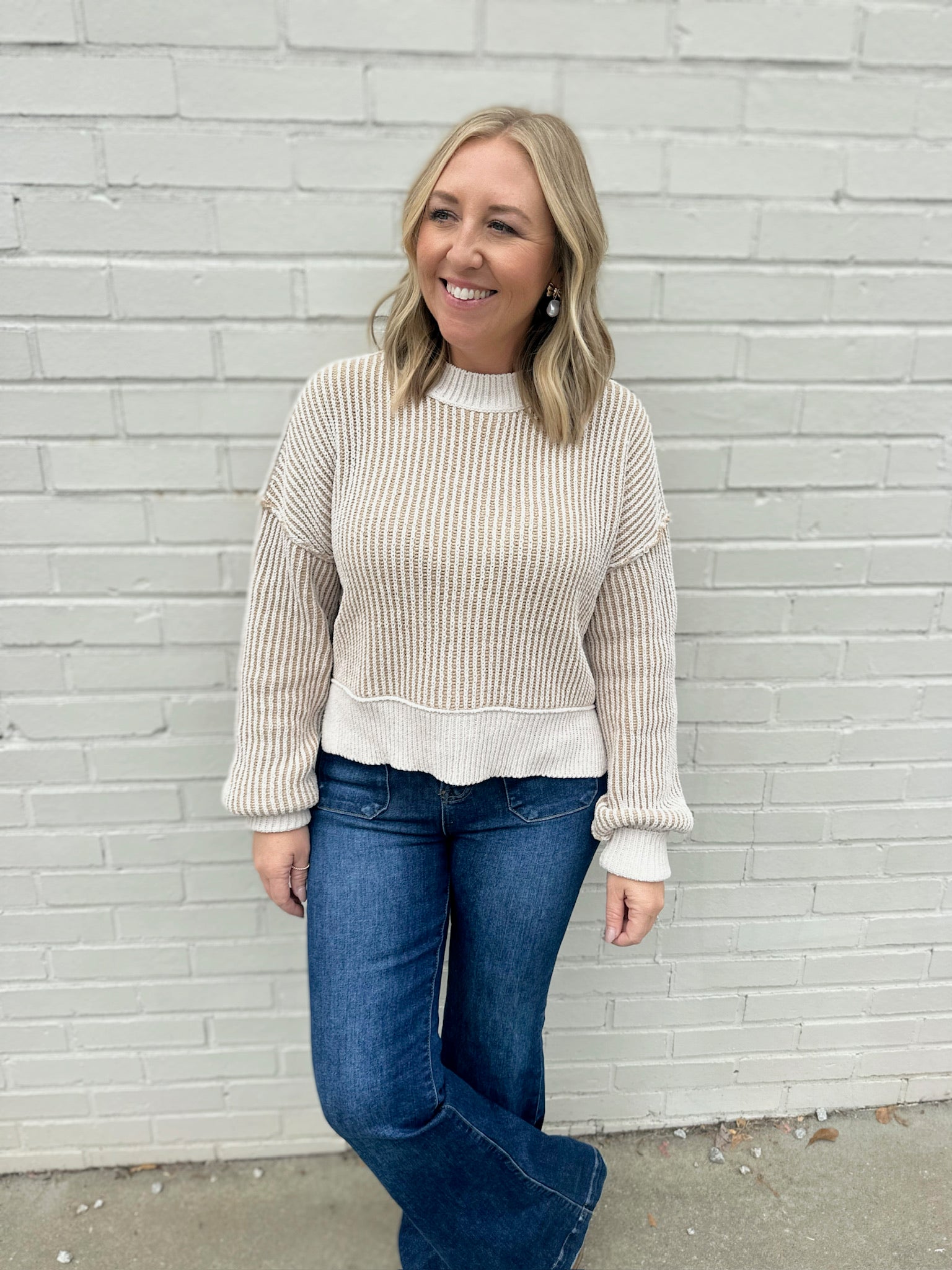 Long Day Comfy Ribbed Long Sleeve Sweater-Ecru