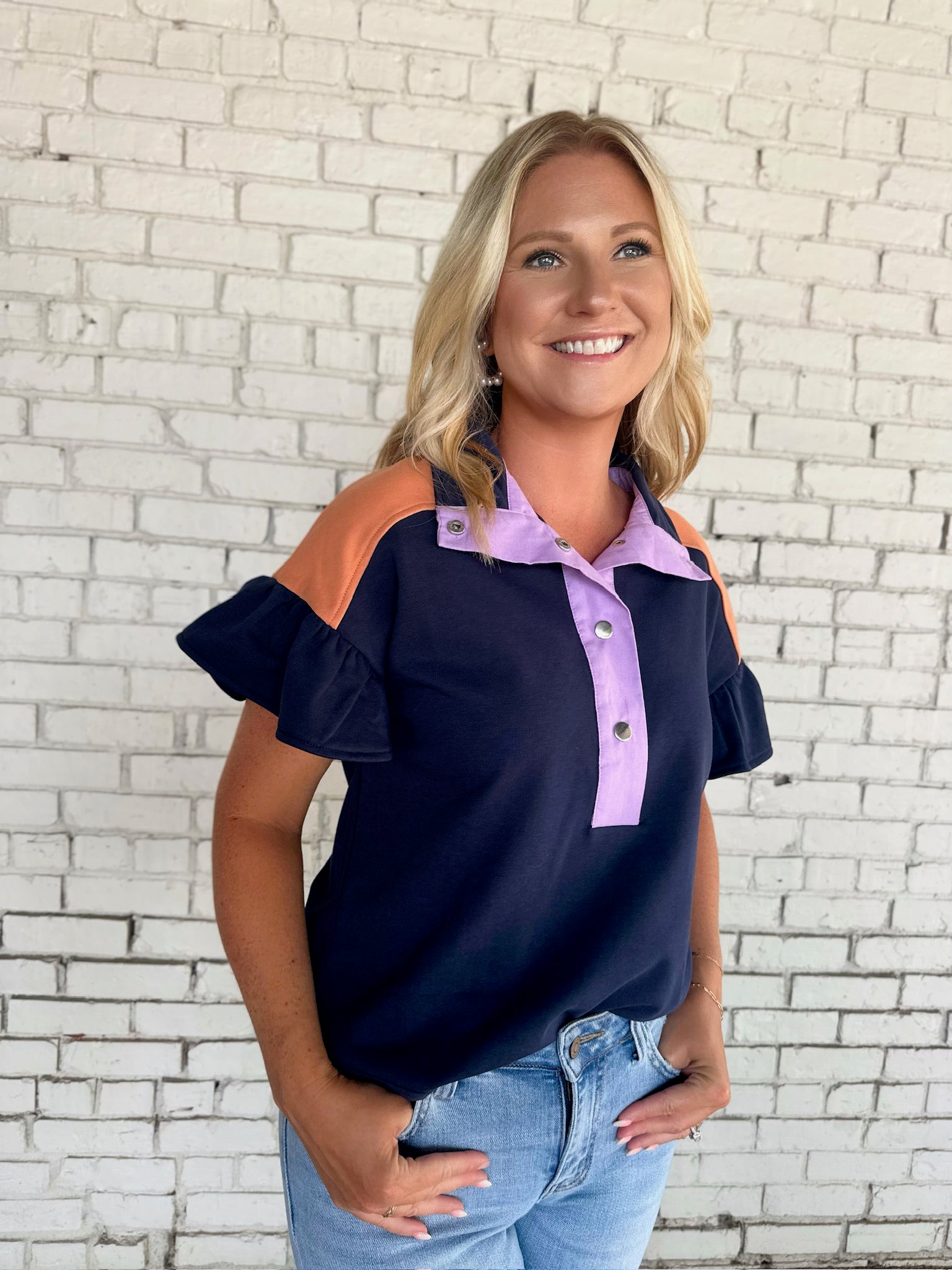 Turning Around Color Block French Terry Ruffled Top