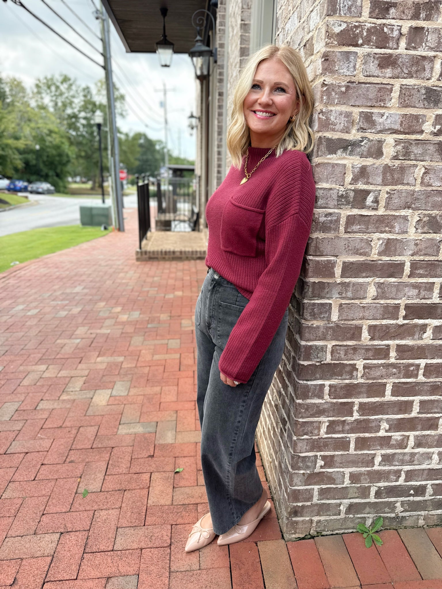 Hard Truth Mock Neck Pocket Detail Long Sleeve Sweater Top in Burgundy